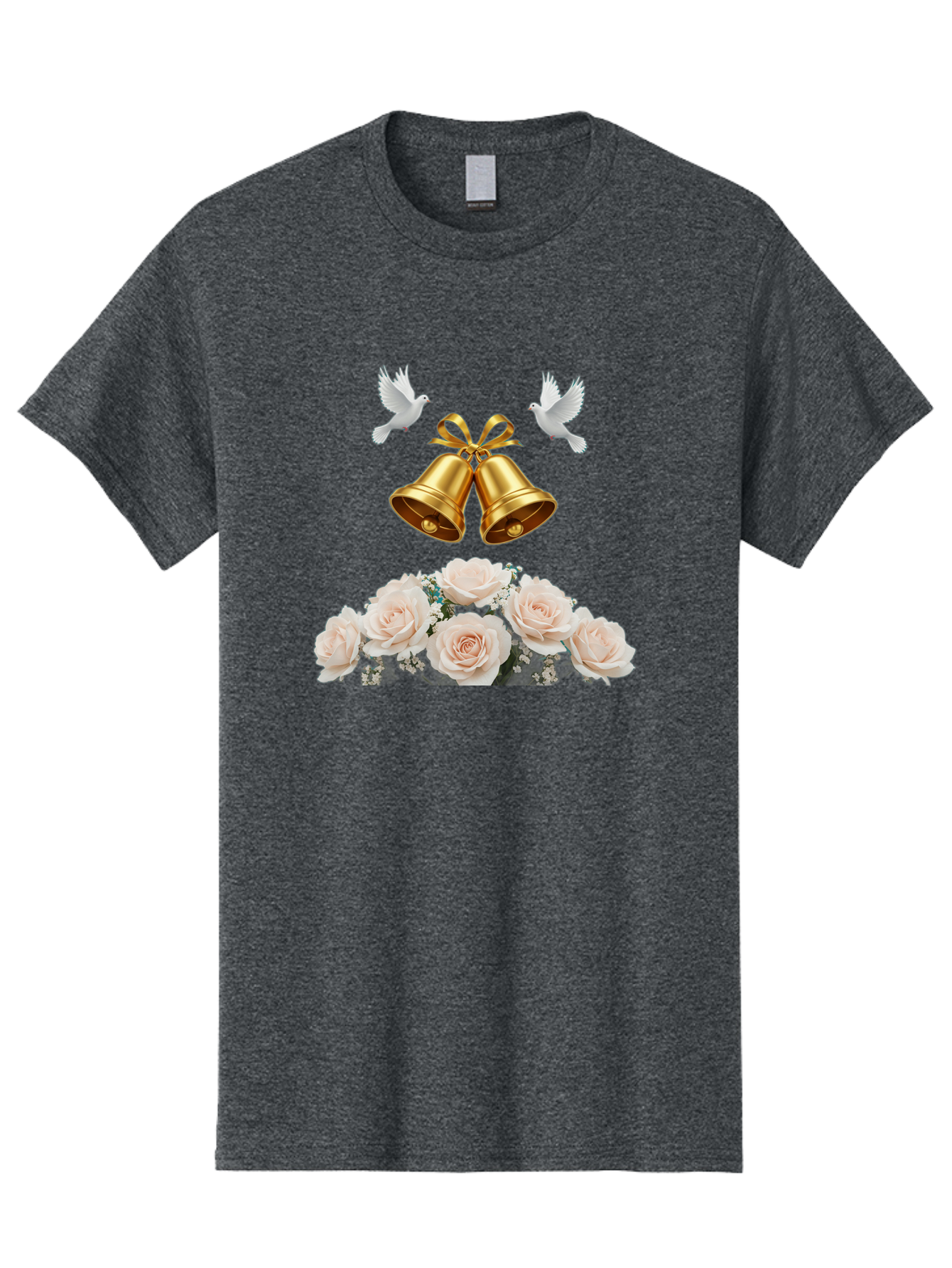 Wedding-Bells-With-Roses Men'S Graphic Tee, 100% Cotton, Comfortable Casual Summer Wear, Machine Washable, Wedding Bells, Golden Bells, White Doves, Bouquet Of Roses, White Roses, Baby'S Breath, Wedding Decor, Wedding Invitation, Bab580 8