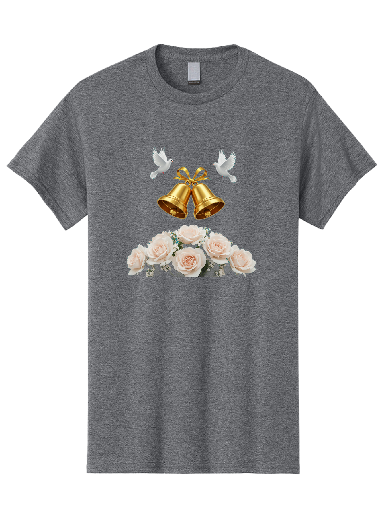 Wedding-Bells-With-Roses Men'S Graphic Tee, 100% Cotton, Comfortable Casual Summer Wear, Machine Washable, Wedding Bells, Golden Bells, White Doves, Bouquet Of Roses, White Roses, Baby'S Breath, Wedding Decor, Wedding Invitation, Bab580 5