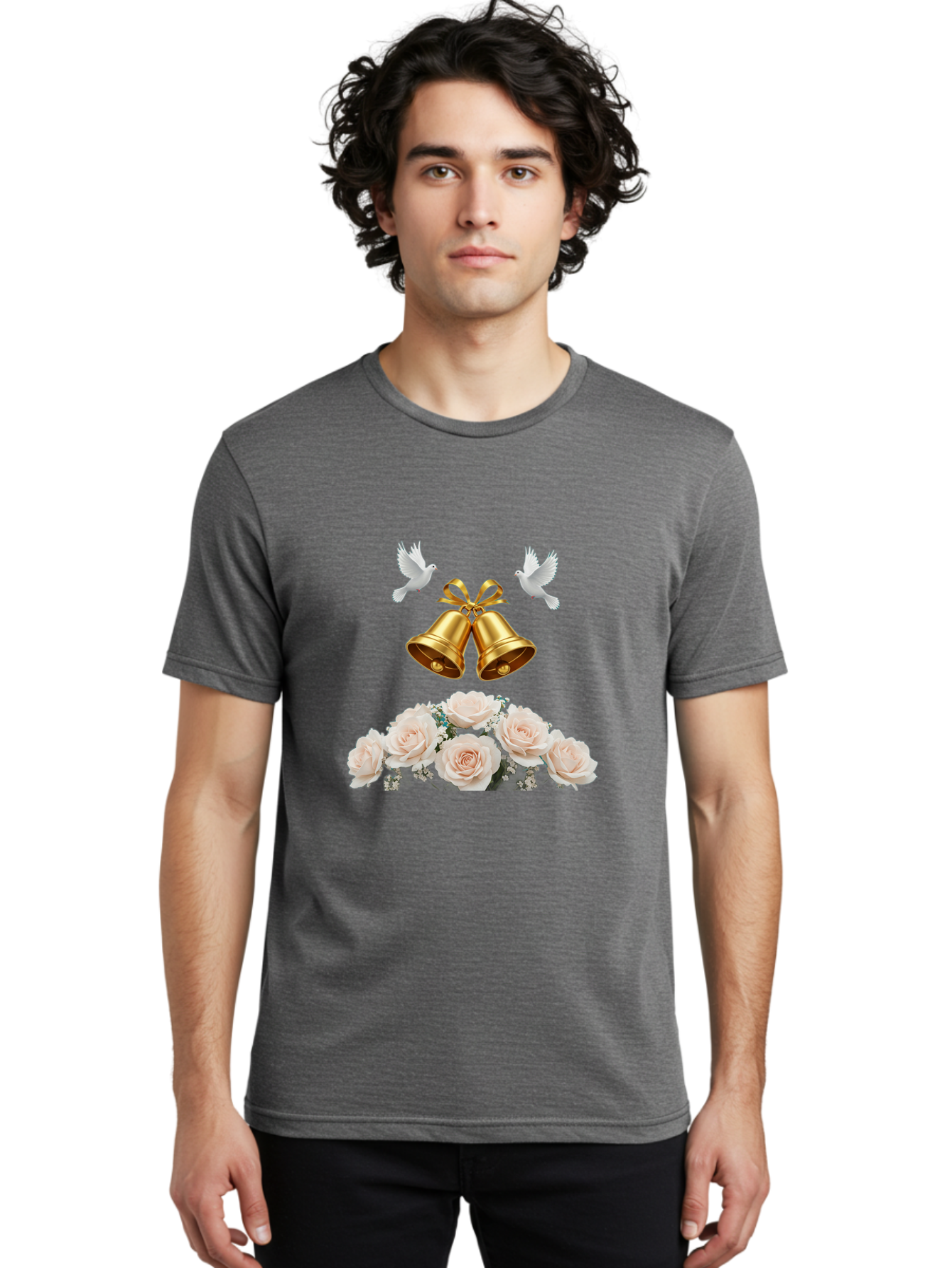 Wedding-Bells-With-Roses Men'S Graphic Tee, 100% Cotton, Comfortable Casual Summer Wear, Machine Washable, Wedding Bells, Golden Bells, White Doves, Bouquet Of Roses, White Roses, Baby'S Breath, Wedding Decor, Wedding Invitation, Bab580 20