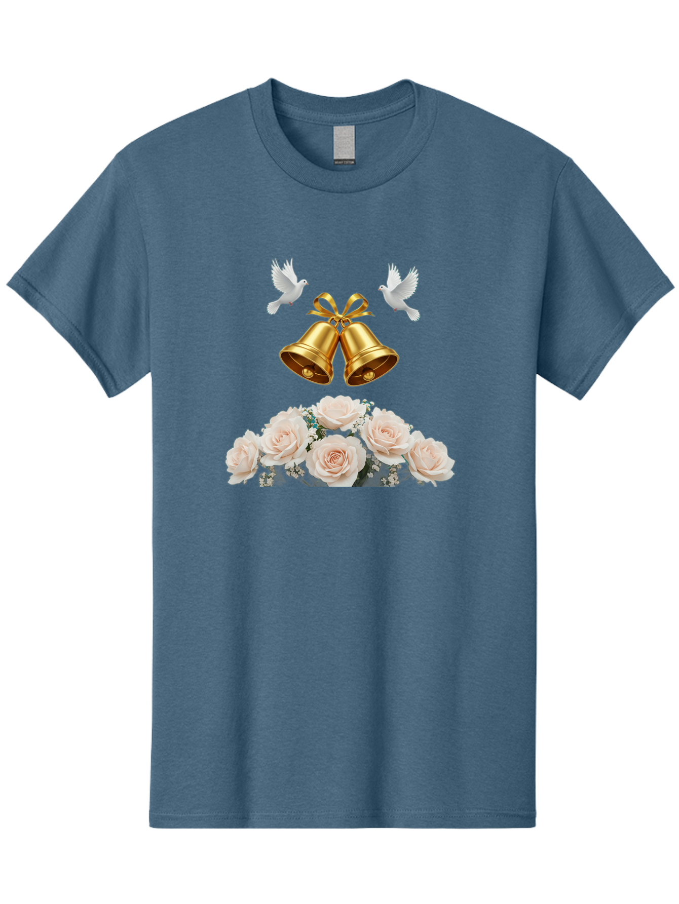 Wedding-Bells-With-Roses Men'S Graphic Tee, 100% Cotton, Comfortable Casual Summer Wear, Machine Washable, Wedding Bells, Golden Bells, White Doves, Bouquet Of Roses, White Roses, Baby'S Breath, Wedding Decor, Wedding Invitation, Bab580 7
