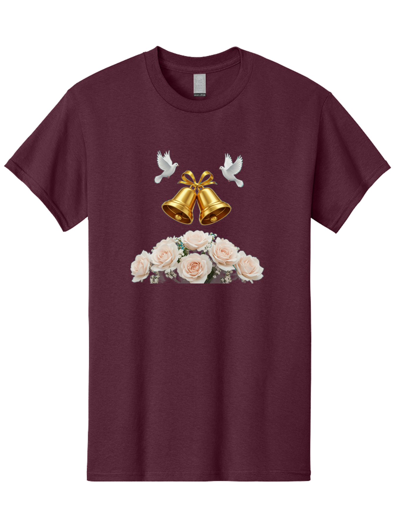 Wedding-Bells-With-Roses Men'S Graphic Tee, 100% Cotton, Comfortable Casual Summer Wear, Machine Washable, Wedding Bells, Golden Bells, White Doves, Bouquet Of Roses, White Roses, Baby'S Breath, Wedding Decor, Wedding Invitation, Bab580 9