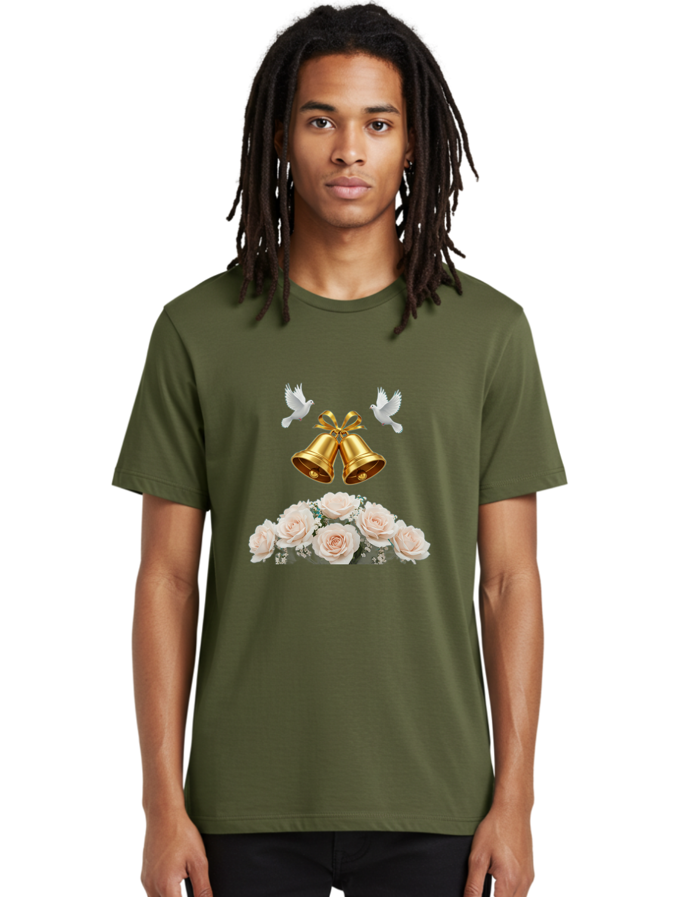 Wedding-Bells-With-Roses Men'S Graphic Tee, 100% Cotton, Comfortable Casual Summer Wear, Machine Washable, Wedding Bells, Golden Bells, White Doves, Bouquet Of Roses, White Roses, Baby'S Breath, Wedding Decor, Wedding Invitation, Bab580 29