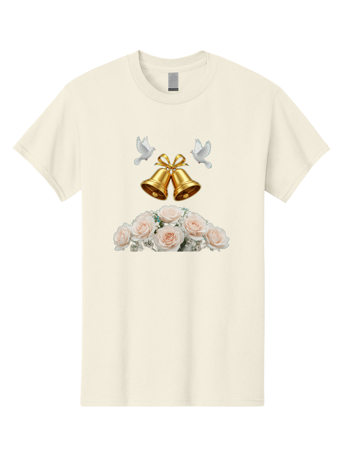 Wedding-Bells-With-Roses Men'S Graphic Tee, 100% Cotton, Comfortable Casual Summer Wear, Machine Washable, Wedding Bells, Golden Bells, White Doves, Bouquet Of Roses, White Roses, Baby'S Breath, Wedding Decor, Wedding Invitation, Bab580 15