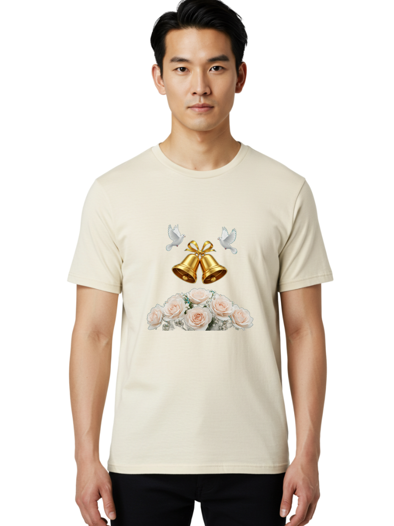 Wedding-Bells-With-Roses Men'S Graphic Tee, 100% Cotton, Comfortable Casual Summer Wear, Machine Washable, Wedding Bells, Golden Bells, White Doves, Bouquet Of Roses, White Roses, Baby'S Breath, Wedding Decor, Wedding Invitation, Bab580 30