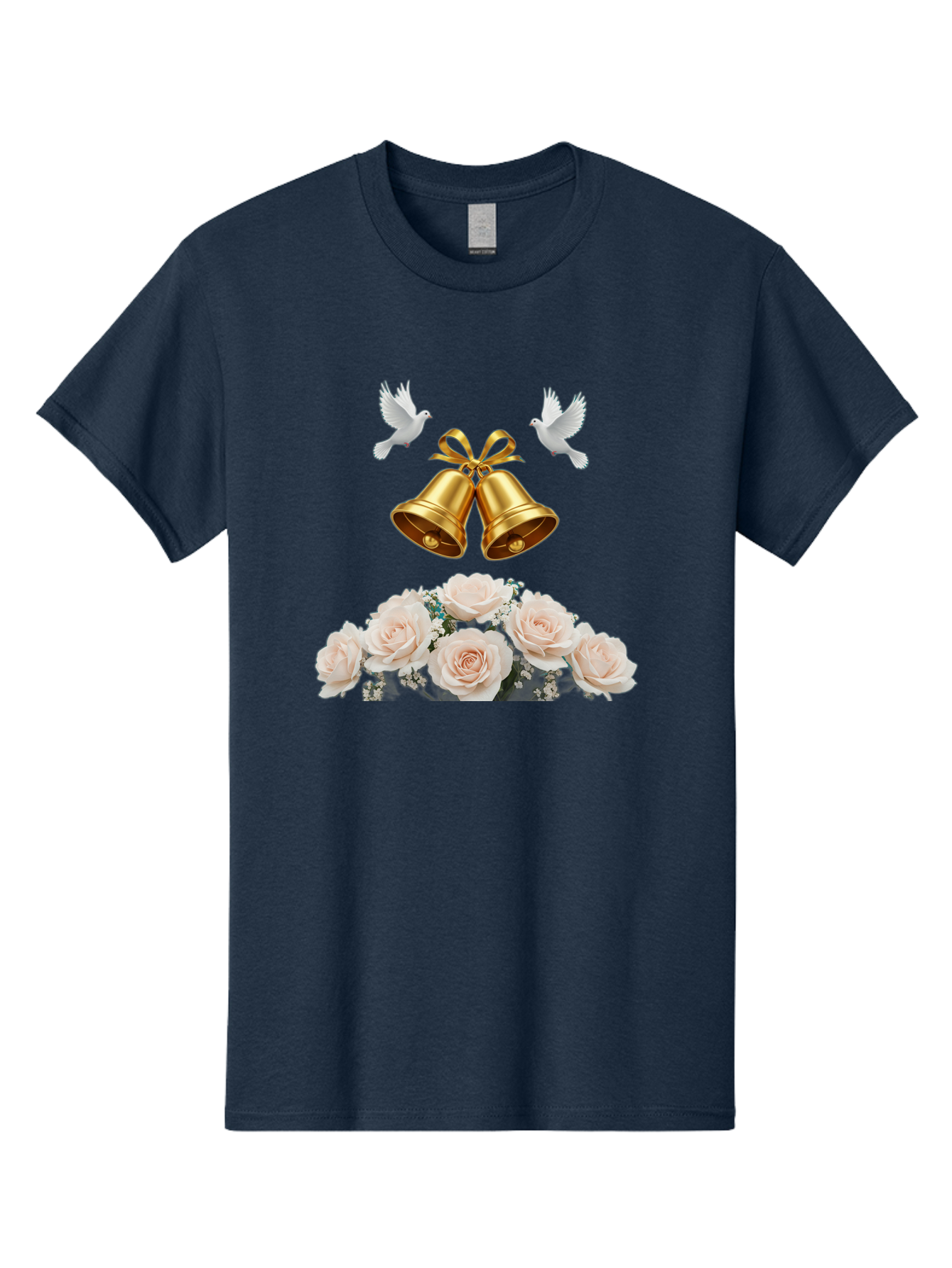 Wedding-Bells-With-Roses Men'S Graphic Tee, 100% Cotton, Comfortable Casual Summer Wear, Machine Washable, Wedding Bells, Golden Bells, White Doves, Bouquet Of Roses, White Roses, Baby'S Breath, Wedding Decor, Wedding Invitation, Bab580 13