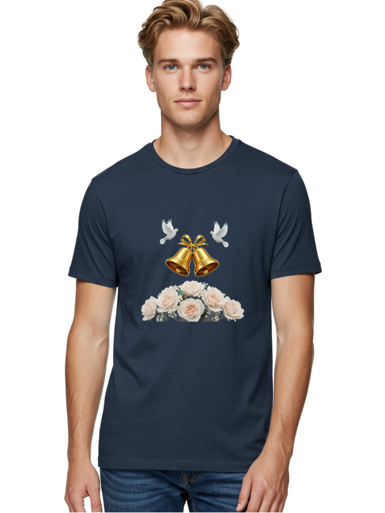 Wedding-Bells-With-Roses Men'S Graphic Tee, 100% Cotton, Comfortable Casual Summer Wear, Machine Washable, Wedding Bells, Golden Bells, White Doves, Bouquet Of Roses, White Roses, Baby'S Breath, Wedding Decor, Wedding Invitation, Bab580 28