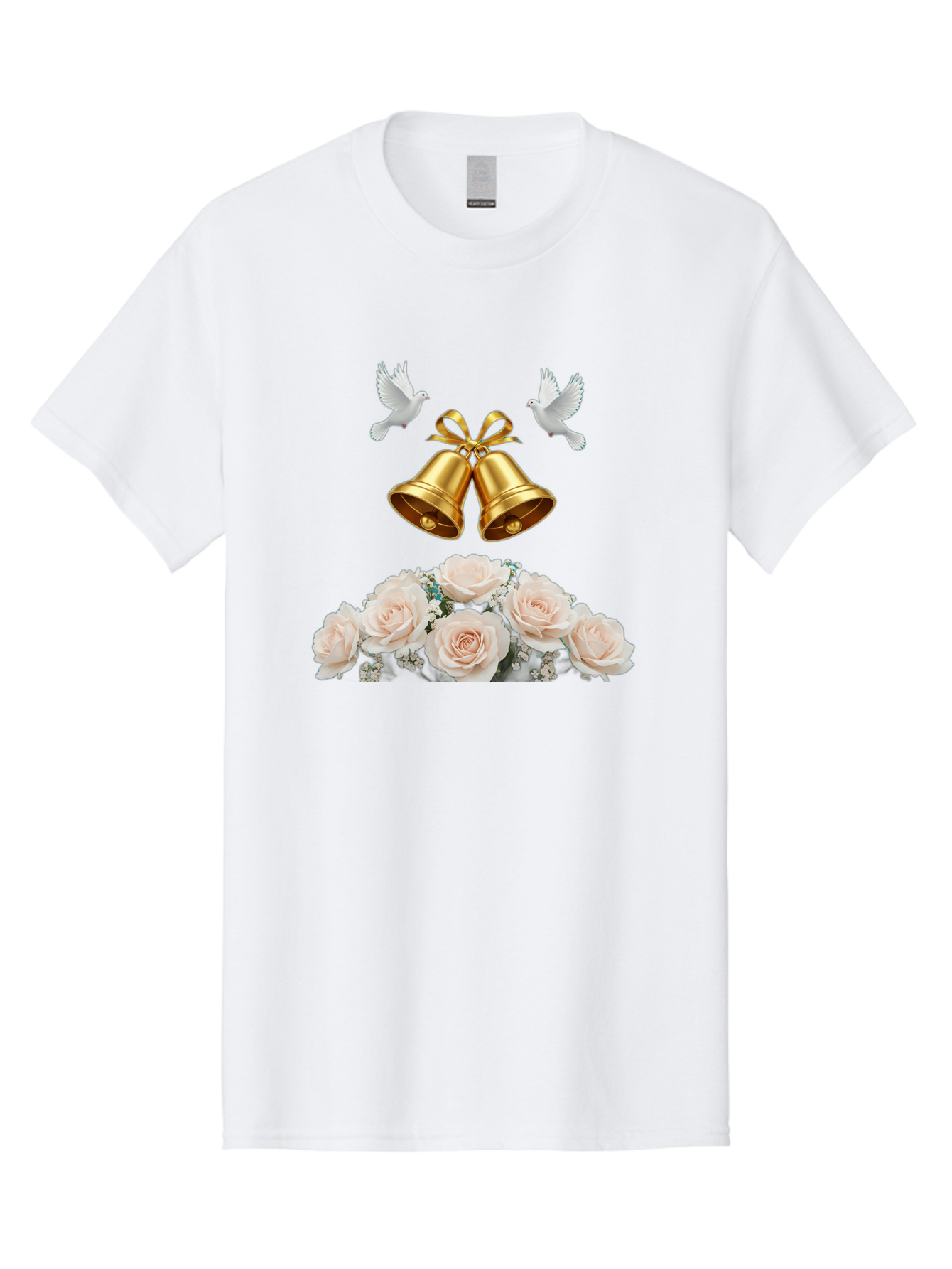 Wedding-Bells-With-Roses Men'S Graphic Tee, 100% Cotton, Comfortable Casual Summer Wear, Machine Washable, Wedding Bells, Golden Bells, White Doves, Bouquet Of Roses, White Roses, Baby'S Breath, Wedding Decor, Wedding Invitation, Bab580 11