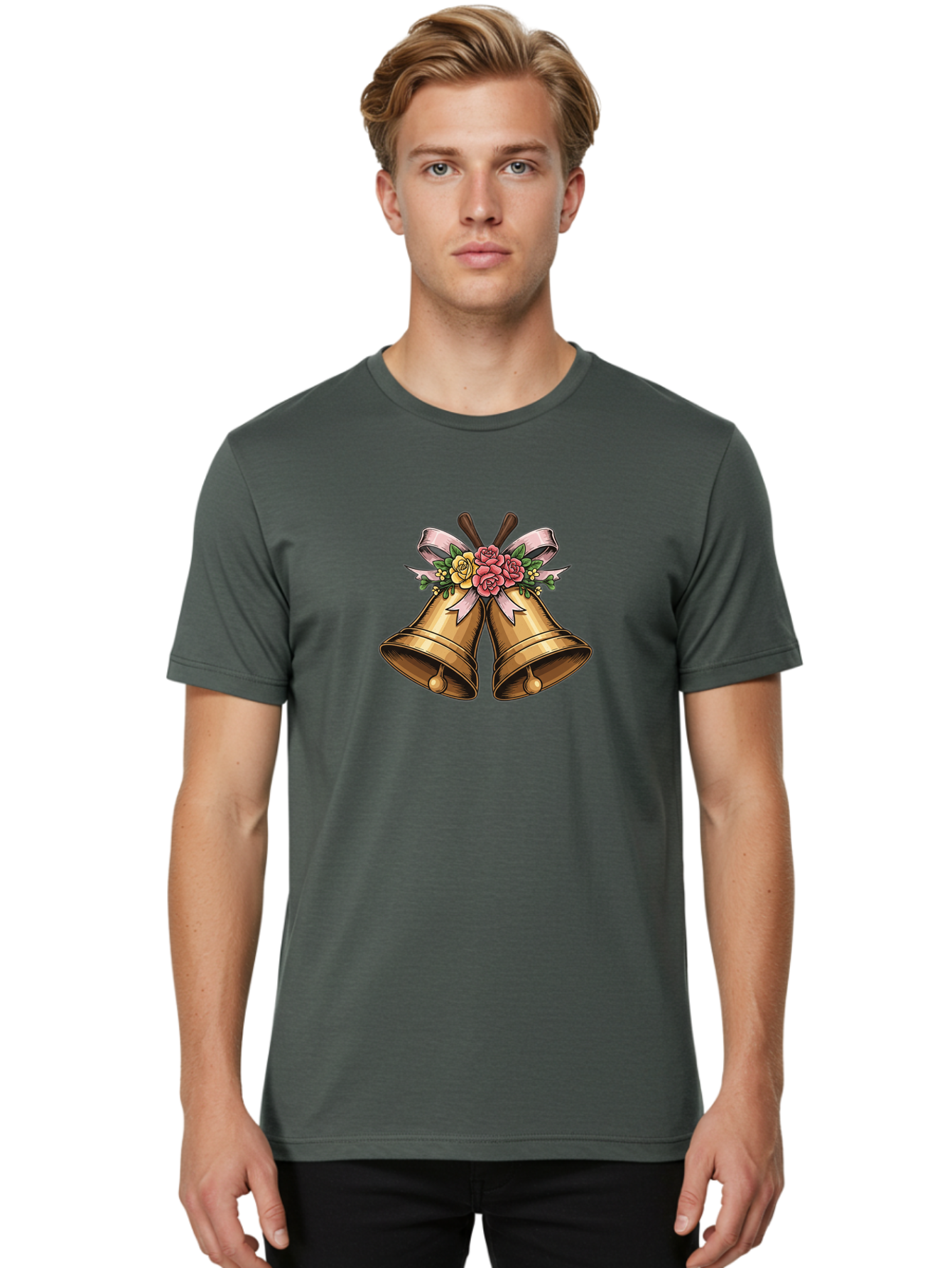 Wedding-Bells Men'S Graphic Tee, 100% Cotton, Comfortable Casual Summer Wear, Machine Washable, Wedding Bells, Golden Bells, Floral Arrangement, Roses, Pink Ribbon, Elegant Design, Wedding Decor, Celebratory Theme, Vintage Style Bab581 30