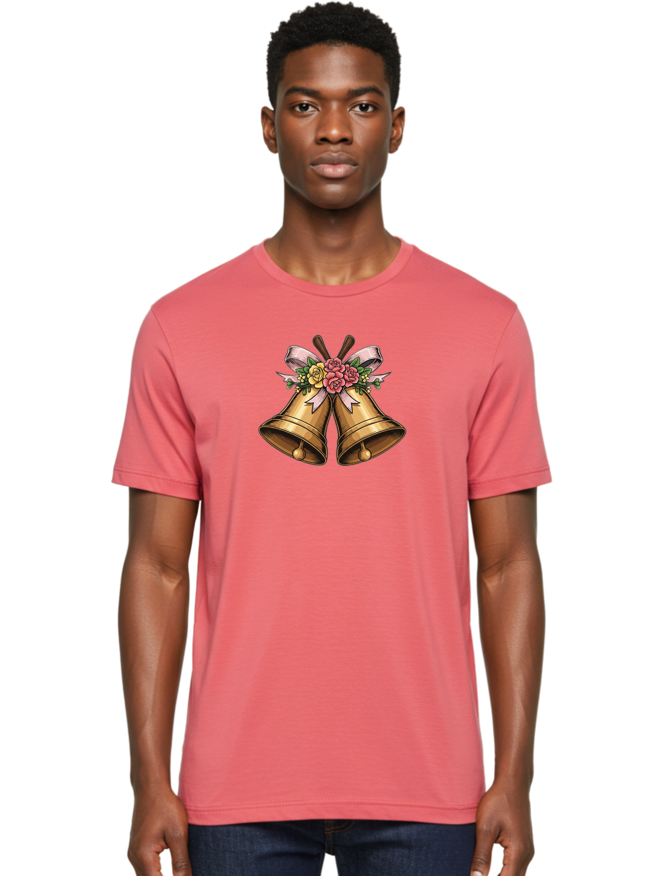 Wedding-Bells Men'S Graphic Tee, 100% Cotton, Comfortable Casual Summer Wear, Machine Washable, Wedding Bells, Golden Bells, Floral Arrangement, Roses, Pink Ribbon, Elegant Design, Wedding Decor, Celebratory Theme, Vintage Style Bab581 23