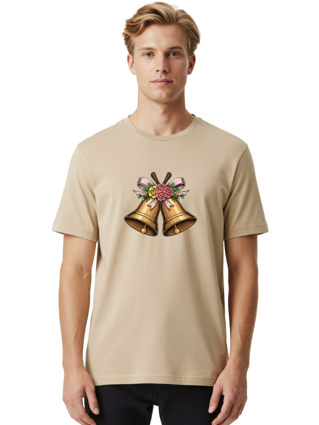 Wedding-Bells Men'S Graphic Tee, 100% Cotton, Comfortable Casual Summer Wear, Machine Washable, Wedding Bells, Golden Bells, Floral Arrangement, Roses, Pink Ribbon, Elegant Design, Wedding Decor, Celebratory Theme, Vintage Style Bab581 26