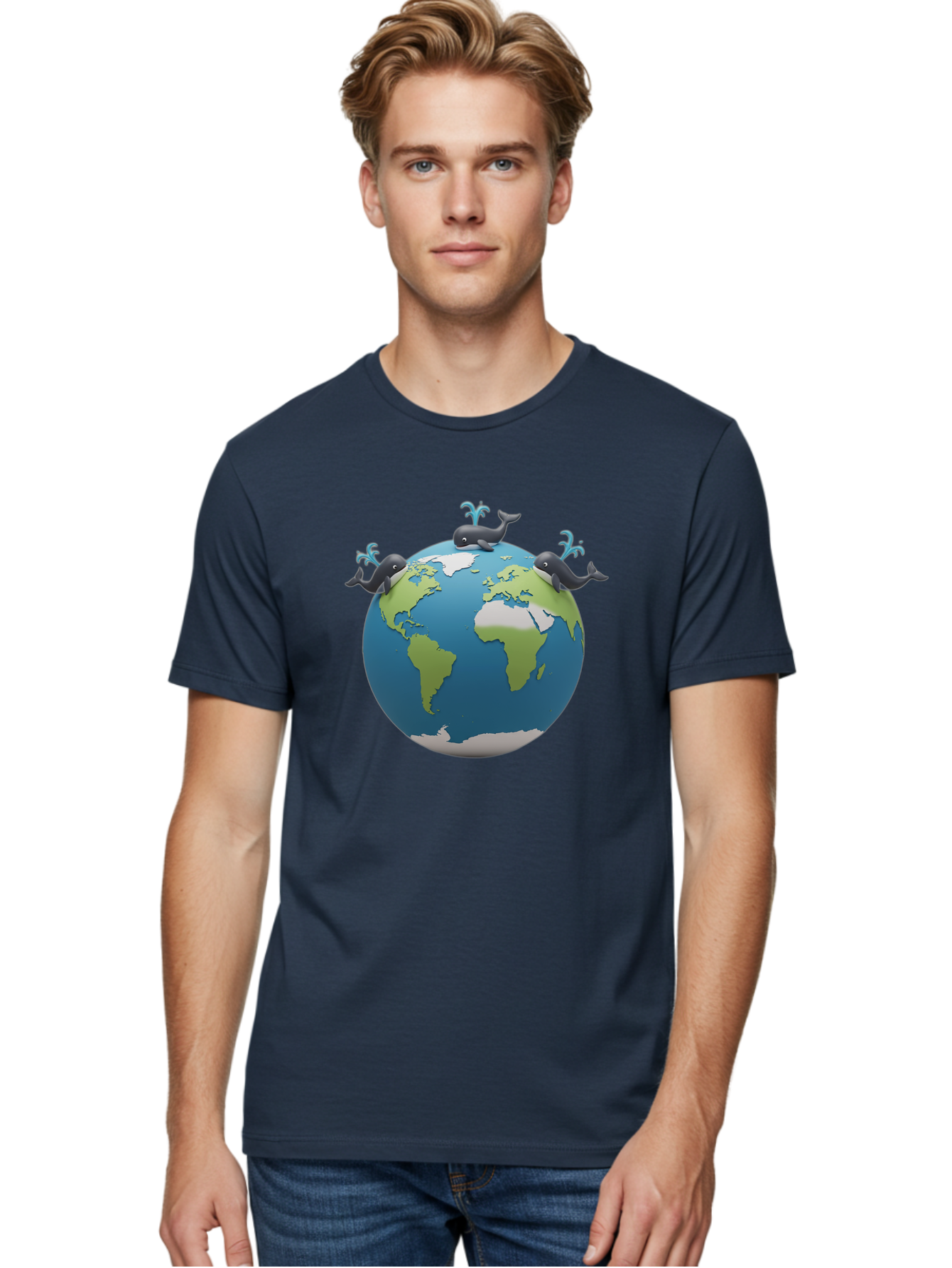 Whales-On-Globe Men'S Graphic Tee, 100% Cotton, Comfortable Casual Summer Wear, Machine Washable, Whales On Earth, Global Unity, 3D Illustration, World Map, Marine Animals, Ocean Conservation, Environmental Awareness, Cartoon Style Bab582 21