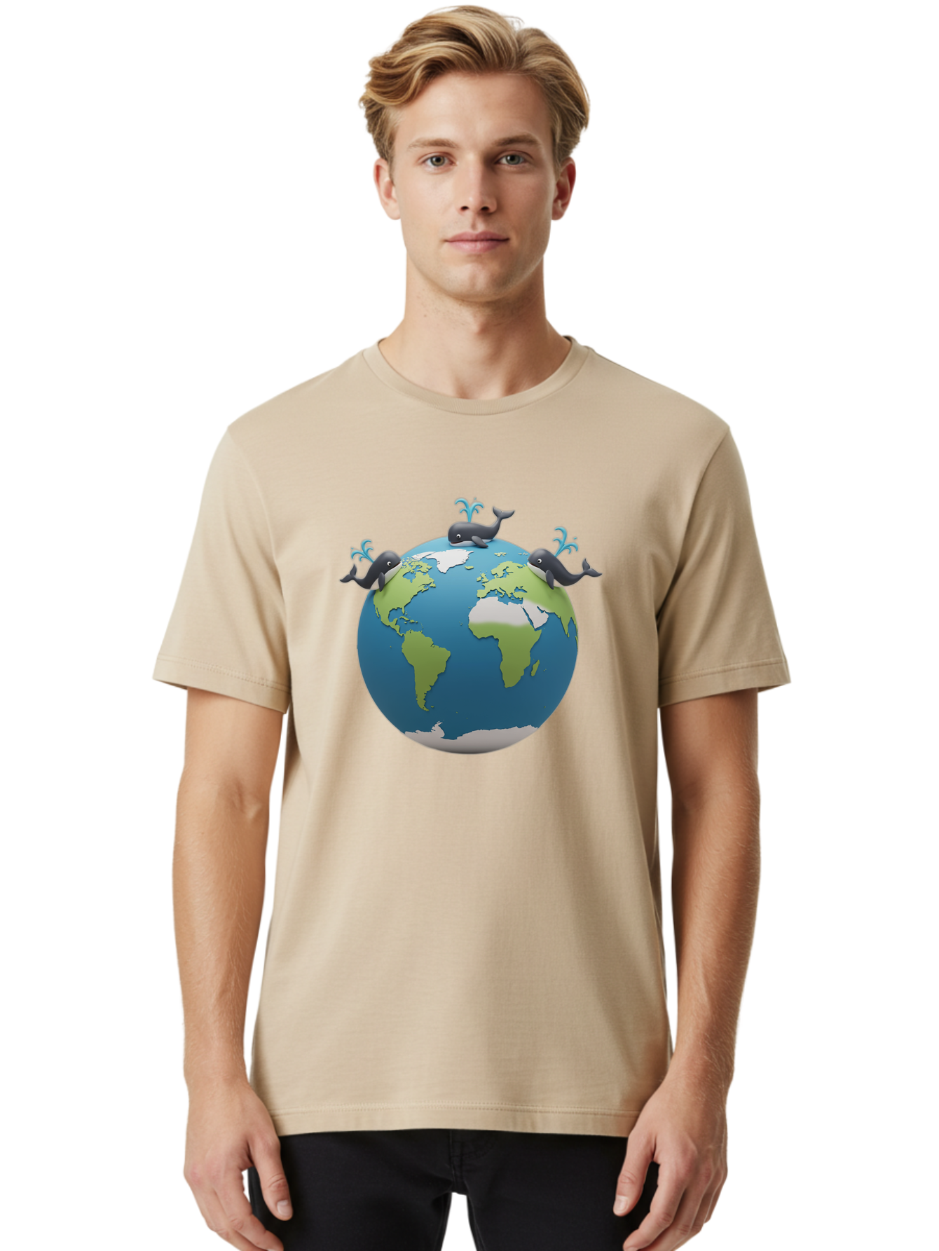Whales-On-Globe Men'S Graphic Tee, 100% Cotton, Comfortable Casual Summer Wear, Machine Washable, Whales On Earth, Global Unity, 3D Illustration, World Map, Marine Animals, Ocean Conservation, Environmental Awareness, Cartoon Style Bab582 27
