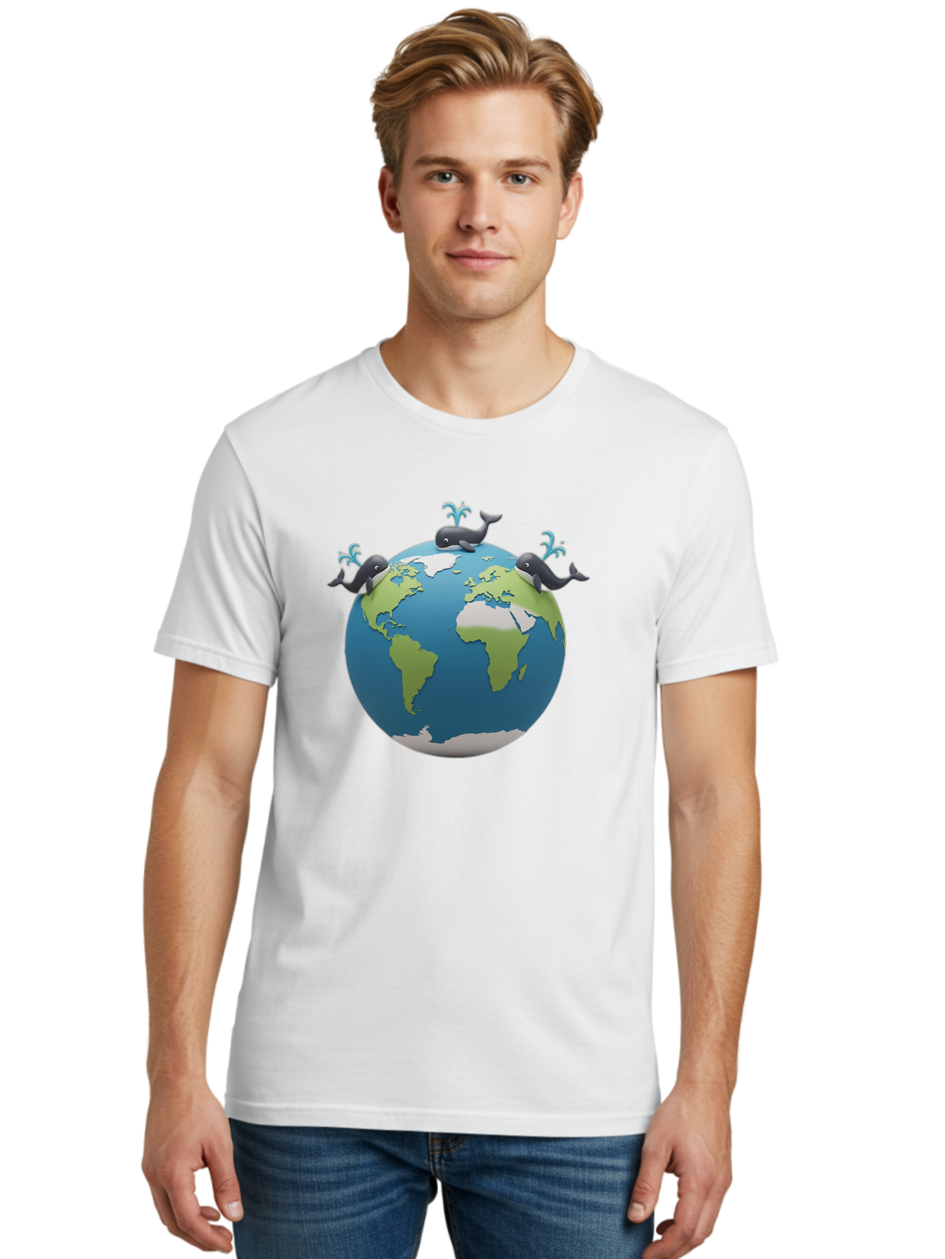 Whales-On-Globe Men'S Graphic Tee, 100% Cotton, Comfortable Casual Summer Wear, Machine Washable, Whales On Earth, Global Unity, 3D Illustration, World Map, Marine Animals, Ocean Conservation, Environmental Awareness, Cartoon Style Bab582 24
