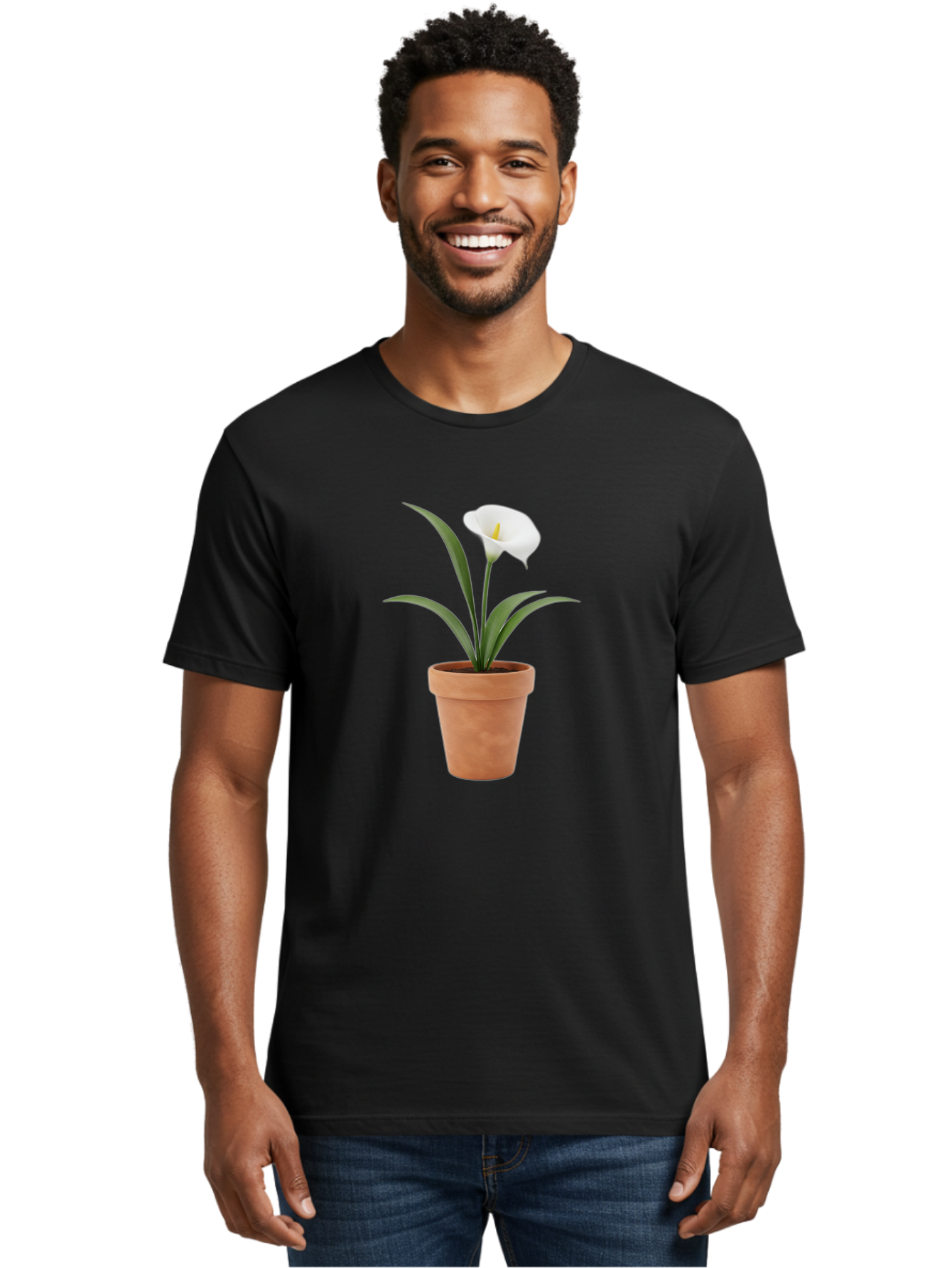 White-Calla-Lily Men'S Graphic Tee, 100% Cotton, Comfortable Casual Summer Wear, Machine Washable, Calla Lily, White Flower, Potted Plant, Terracotta Pot, Elegant Bloom, Floral Beauty, Simple Decor, Home Decor, Yellow Stamen, Green Leaves, Bab584 17