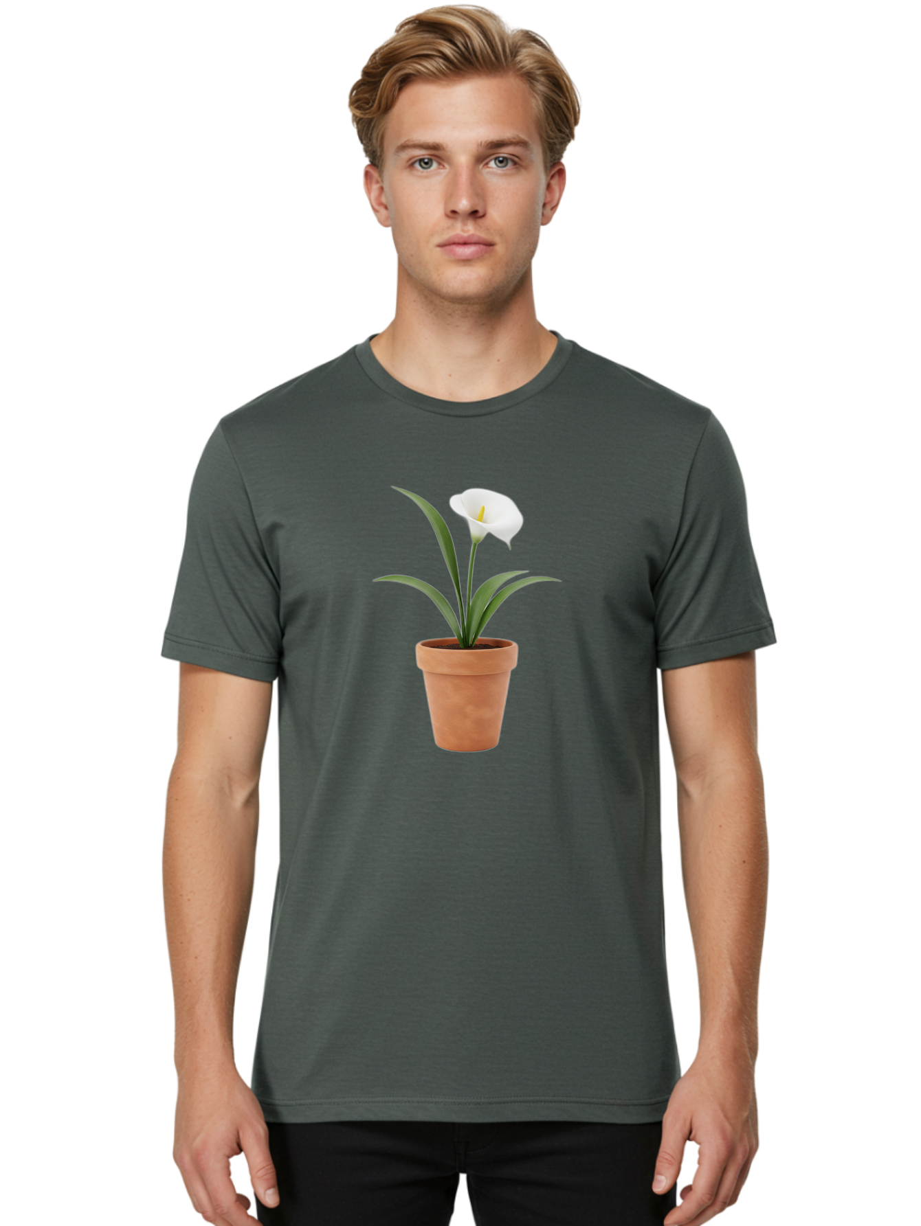 White-Calla-Lily Men'S Graphic Tee, 100% Cotton, Comfortable Casual Summer Wear, Machine Washable, Calla Lily, White Flower, Potted Plant, Terracotta Pot, Elegant Bloom, Floral Beauty, Simple Decor, Home Decor, Yellow Stamen, Green Leaves, Bab584 19