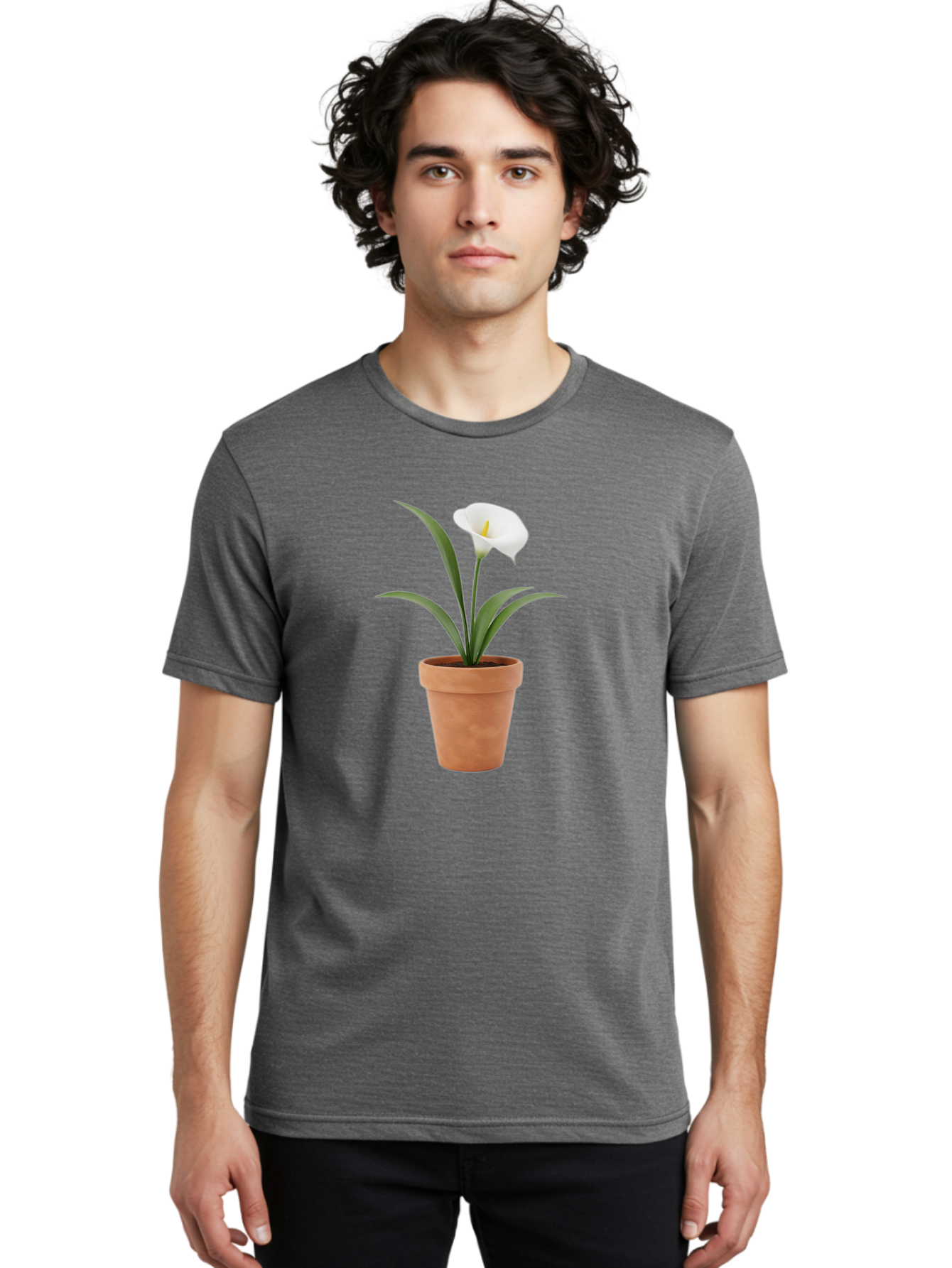 White-Calla-Lily Men'S Graphic Tee, 100% Cotton, Comfortable Casual Summer Wear, Machine Washable, Calla Lily, White Flower, Potted Plant, Terracotta Pot, Elegant Bloom, Floral Beauty, Simple Decor, Home Decor, Yellow Stamen, Green Leaves, Bab584 25