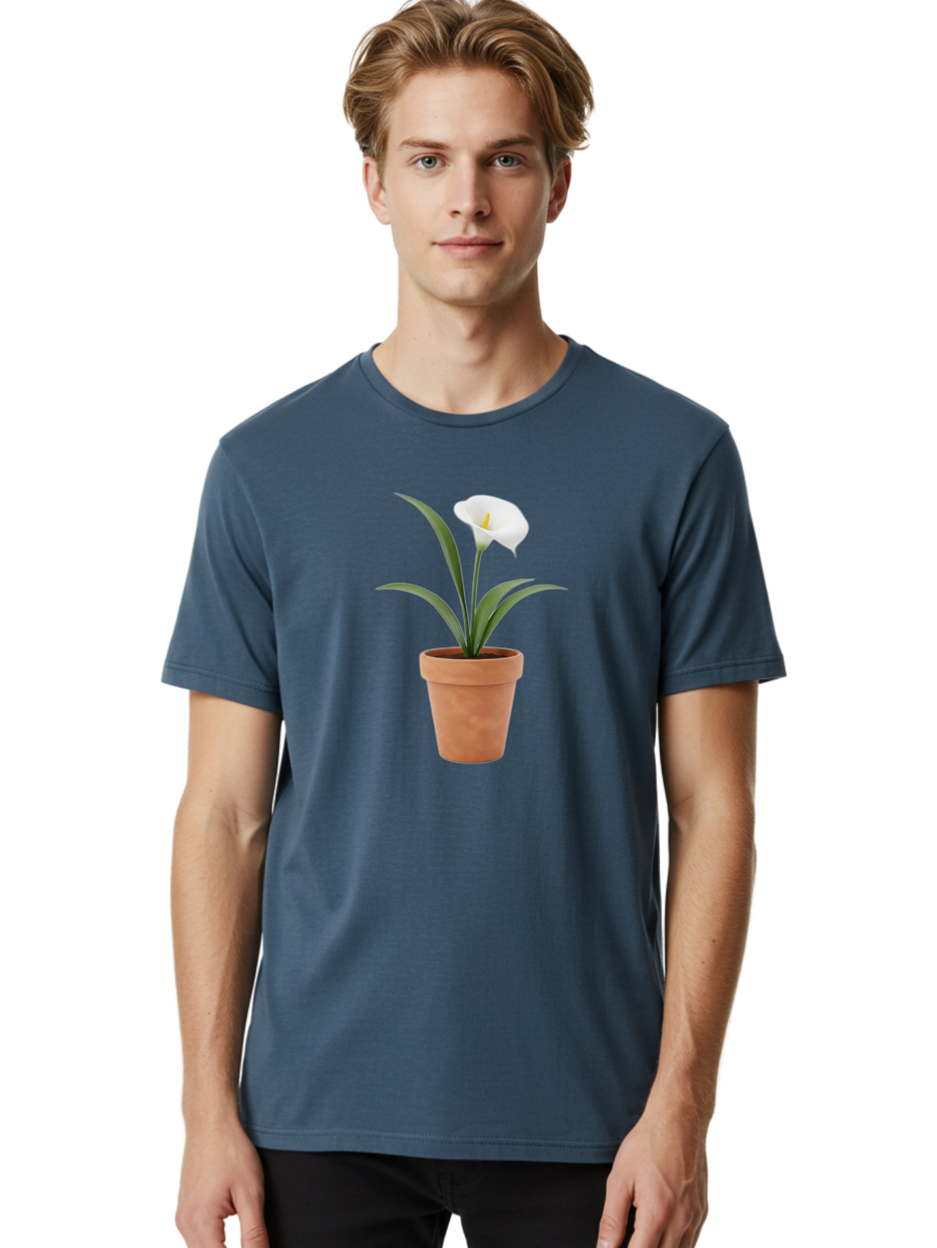 White-Calla-Lily Men'S Graphic Tee, 100% Cotton, Comfortable Casual Summer Wear, Machine Washable, Calla Lily, White Flower, Potted Plant, Terracotta Pot, Elegant Bloom, Floral Beauty, Simple Decor, Home Decor, Yellow Stamen, Green Leaves, Bab584 26
