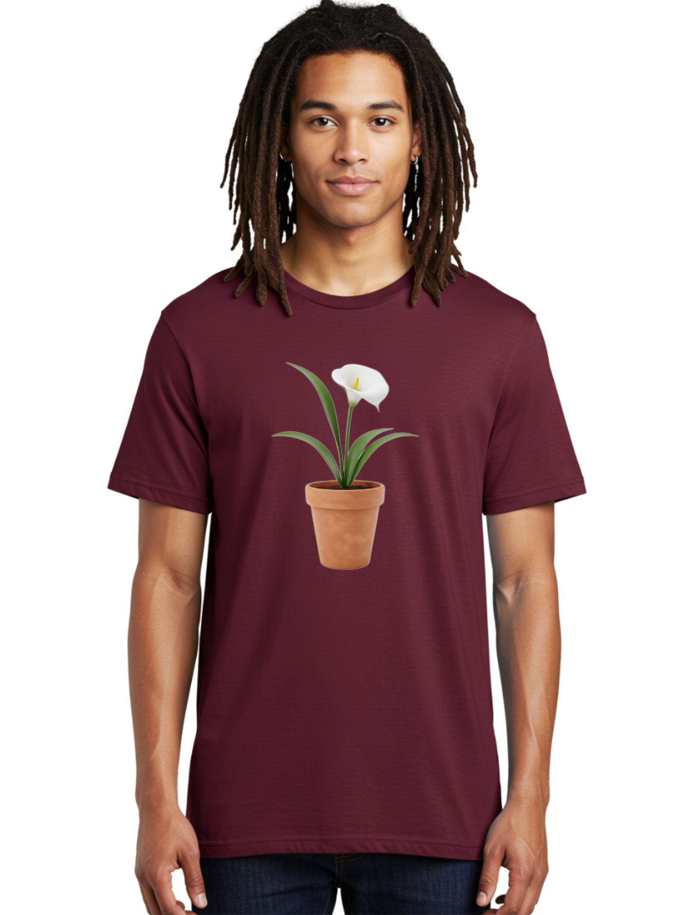 White-Calla-Lily Men'S Graphic Tee, 100% Cotton, Comfortable Casual Summer Wear, Machine Washable, Calla Lily, White Flower, Potted Plant, Terracotta Pot, Elegant Bloom, Floral Beauty, Simple Decor, Home Decor, Yellow Stamen, Green Leaves, Bab584 18