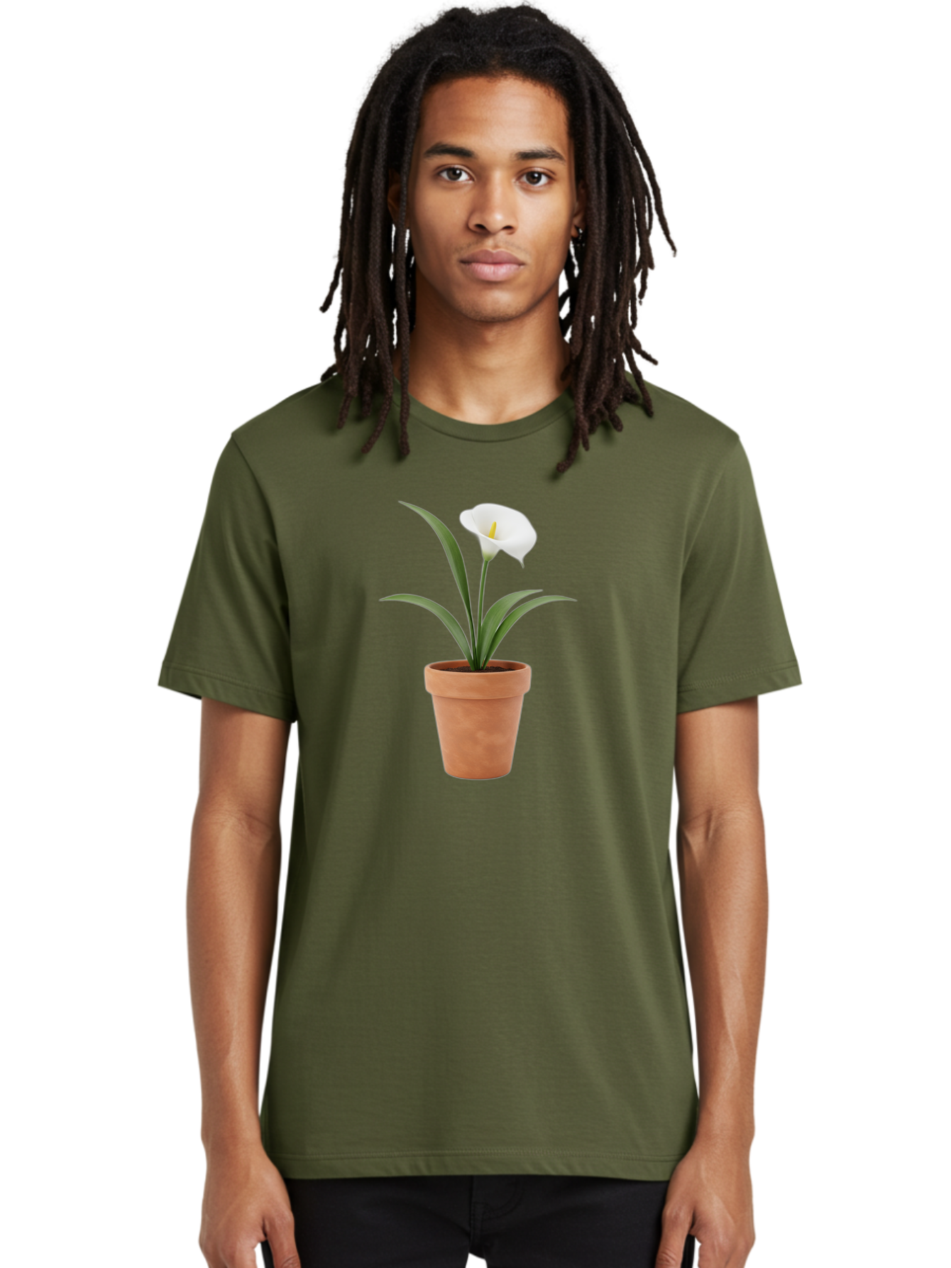 White-Calla-Lily Men'S Graphic Tee, 100% Cotton, Comfortable Casual Summer Wear, Machine Washable, Calla Lily, White Flower, Potted Plant, Terracotta Pot, Elegant Bloom, Floral Beauty, Simple Decor, Home Decor, Yellow Stamen, Green Leaves, Bab584 24