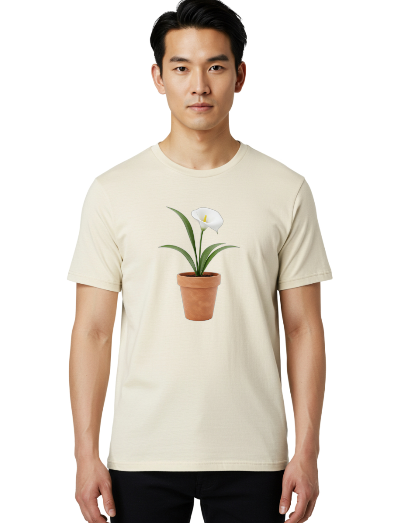 White-Calla-Lily Men'S Graphic Tee, 100% Cotton, Comfortable Casual Summer Wear, Machine Washable, Calla Lily, White Flower, Potted Plant, Terracotta Pot, Elegant Bloom, Floral Beauty, Simple Decor, Home Decor, Yellow Stamen, Green Leaves, Bab584 20