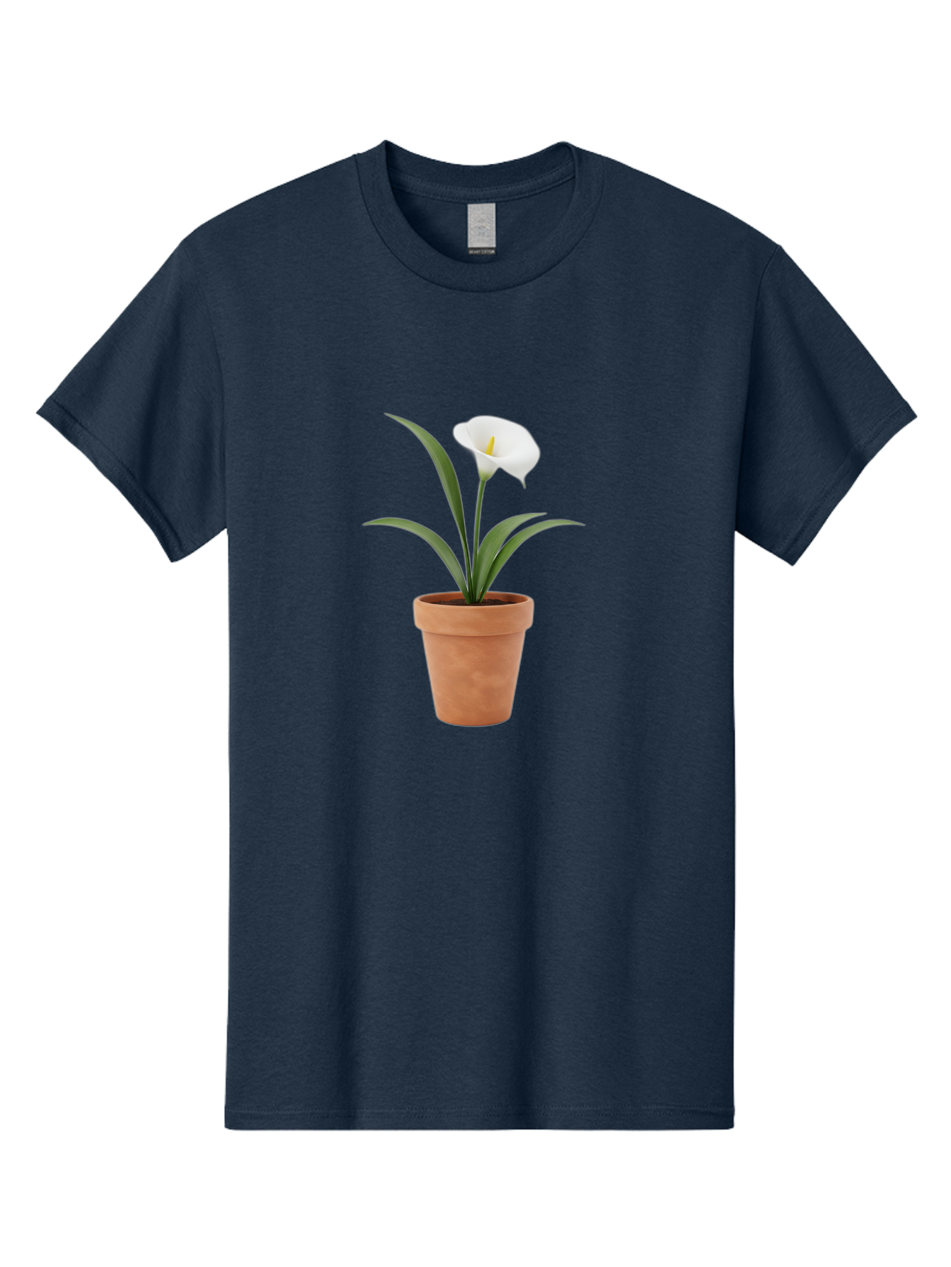 White-Calla-Lily Men'S Graphic Tee, 100% Cotton, Comfortable Casual Summer Wear, Machine Washable, Calla Lily, White Flower, Potted Plant, Terracotta Pot, Elegant Bloom, Floral Beauty, Simple Decor, Home Decor, Yellow Stamen, Green Leaves, Bab584 15