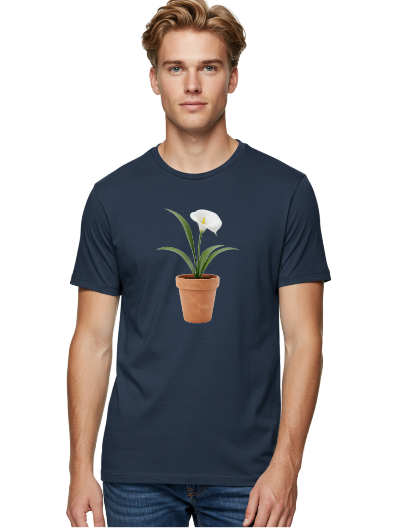 White-Calla-Lily Men'S Graphic Tee, 100% Cotton, Comfortable Casual Summer Wear, Machine Washable, Calla Lily, White Flower, Potted Plant, Terracotta Pot, Elegant Bloom, Floral Beauty, Simple Decor, Home Decor, Yellow Stamen, Green Leaves, Bab584 30