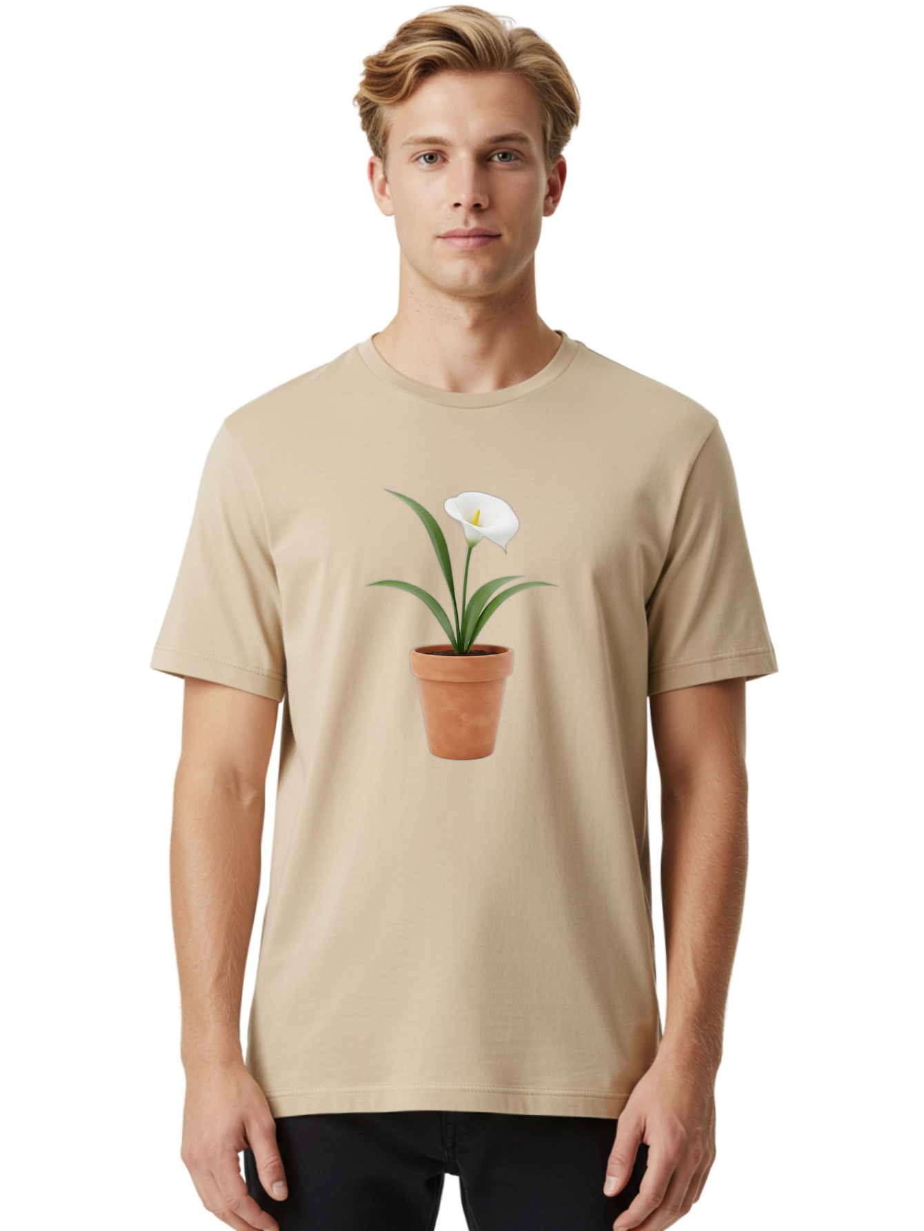 White-Calla-Lily Men'S Graphic Tee, 100% Cotton, Comfortable Casual Summer Wear, Machine Washable, Calla Lily, White Flower, Potted Plant, Terracotta Pot, Elegant Bloom, Floral Beauty, Simple Decor, Home Decor, Yellow Stamen, Green Leaves, Bab584 21