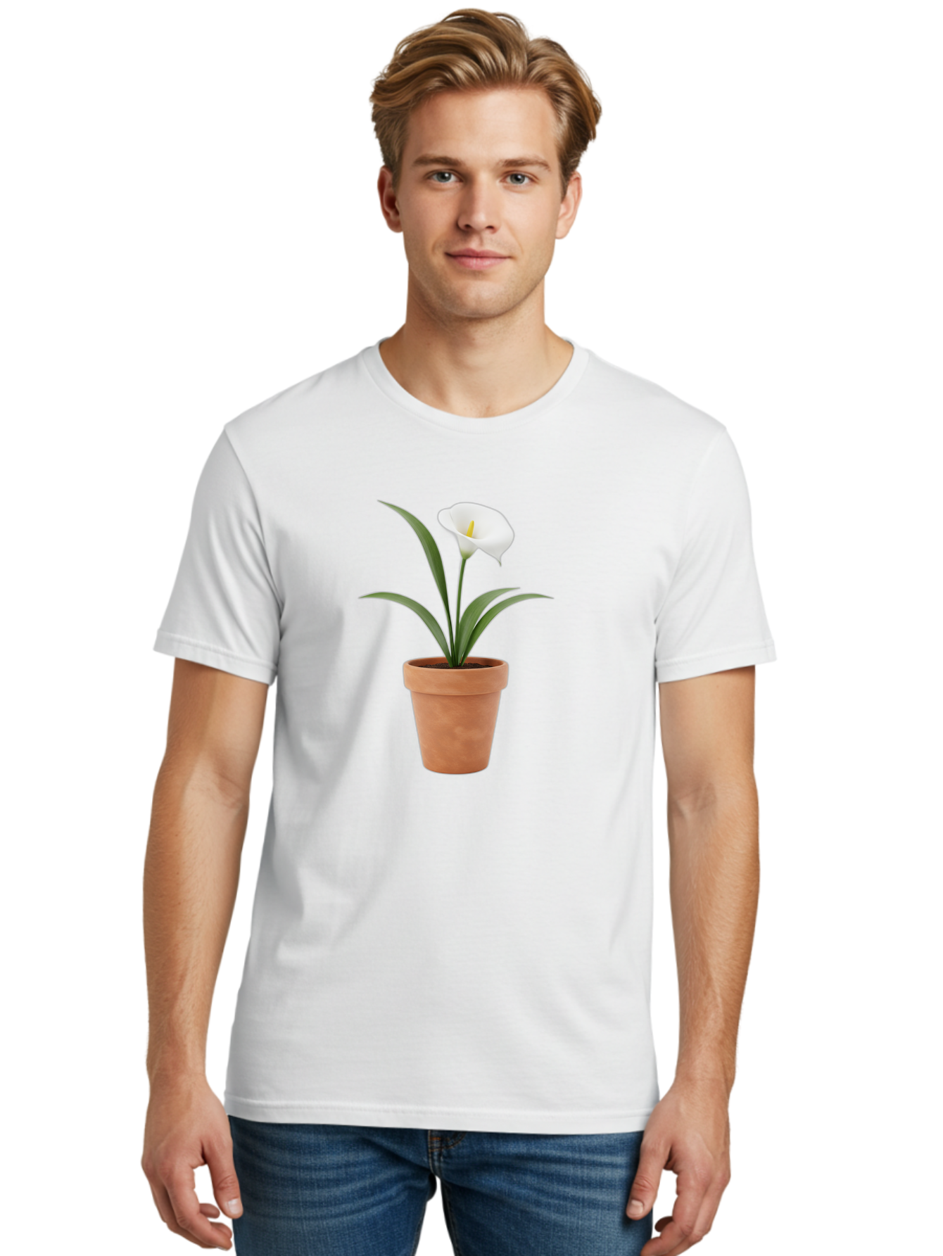 White-Calla-Lily Men'S Graphic Tee, 100% Cotton, Comfortable Casual Summer Wear, Machine Washable, Calla Lily, White Flower, Potted Plant, Terracotta Pot, Elegant Bloom, Floral Beauty, Simple Decor, Home Decor, Yellow Stamen, Green Leaves, Bab584 22