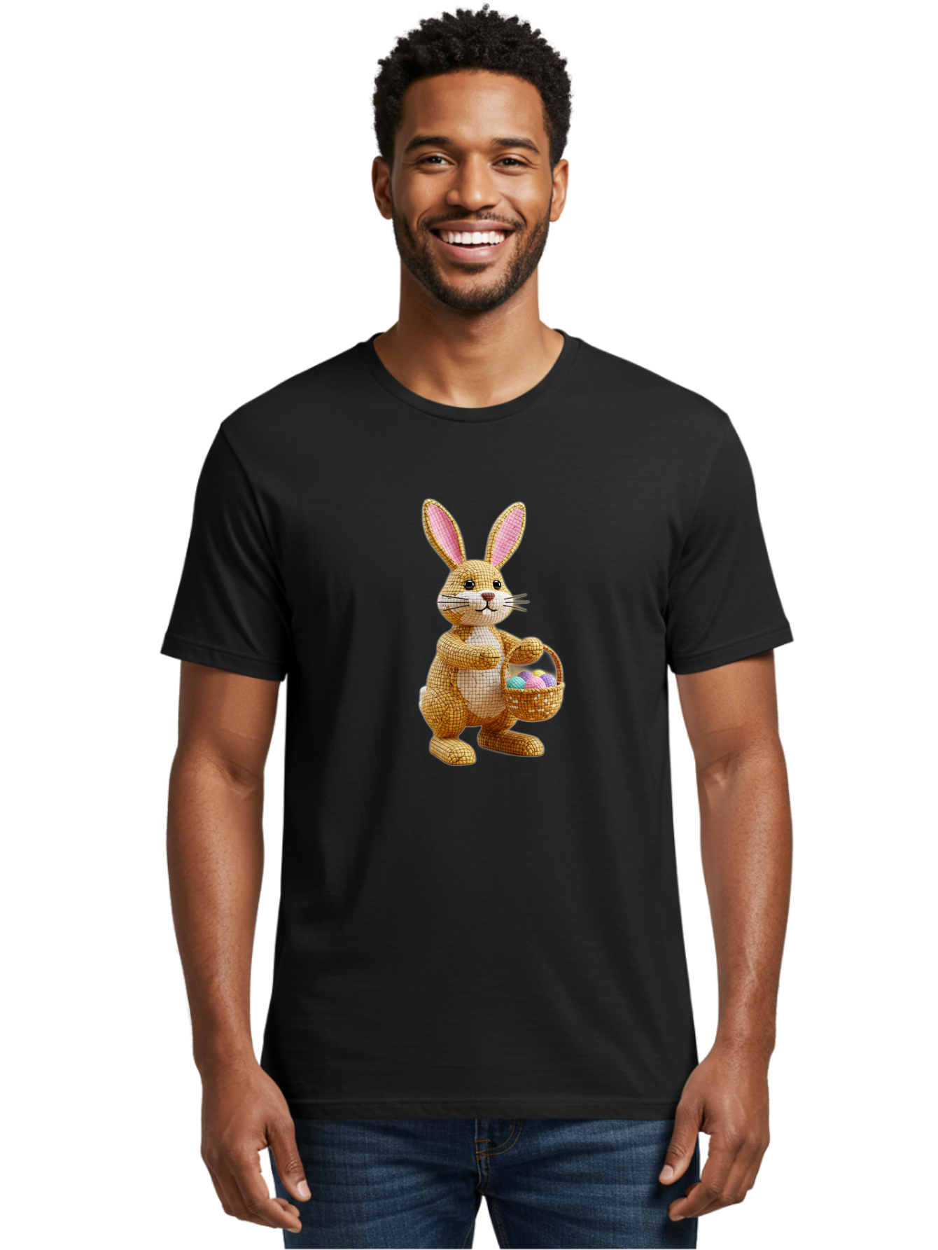 Wicker-Easter-Bunny Men'S Graphic Tee, 100% Cotton, Comfortable Casual Summer Wear, Machine Washable, Wicker Bunny, Holding Basket, Easter Eggs, Spring Holiday, Pastel Colors, Whimsical Design, Wicker Texture, Easter Basket, Cute Bunny, Bab586 16