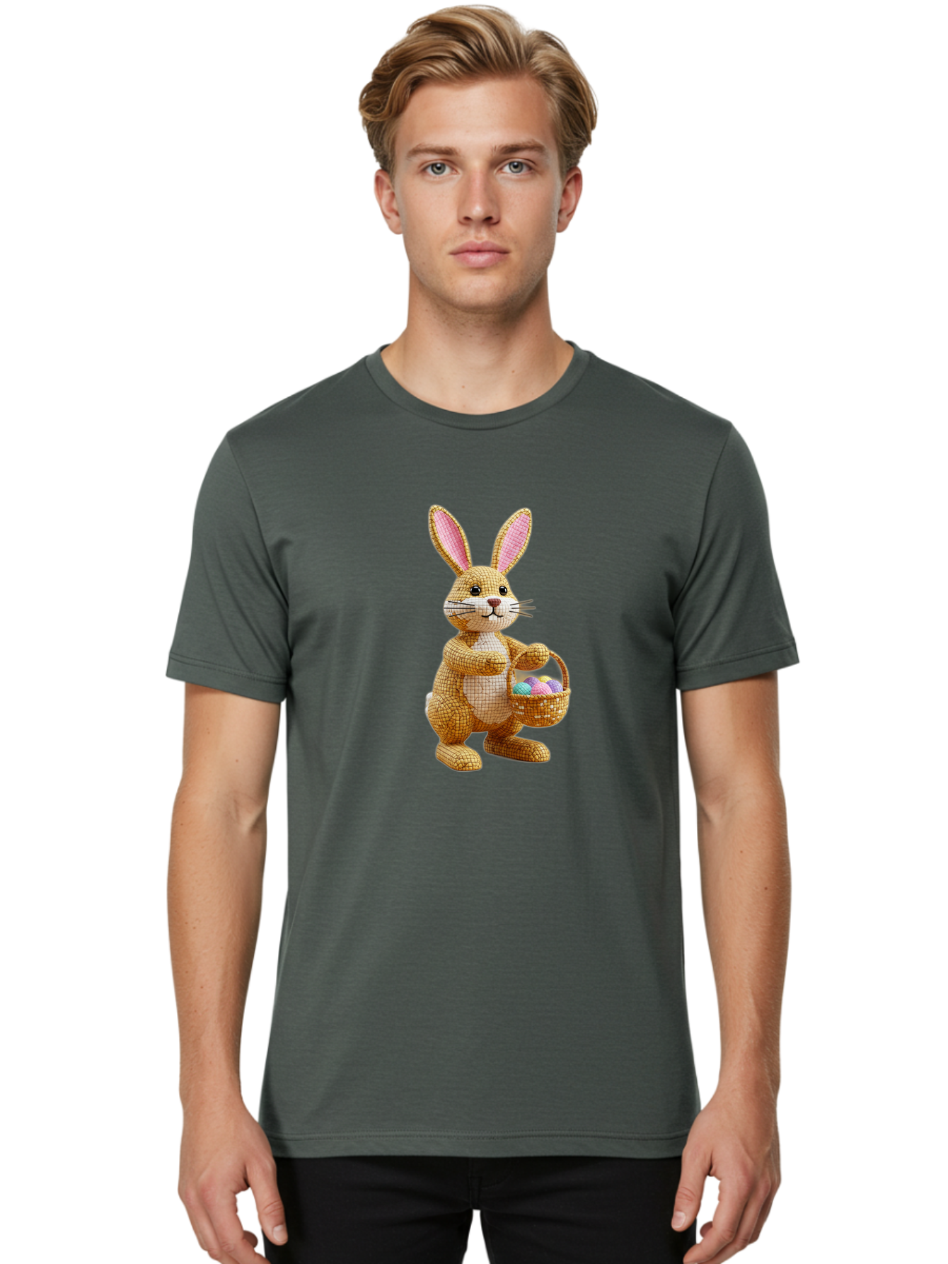 Wicker-Easter-Bunny Men'S Graphic Tee, 100% Cotton, Comfortable Casual Summer Wear, Machine Washable, Wicker Bunny, Holding Basket, Easter Eggs, Spring Holiday, Pastel Colors, Whimsical Design, Wicker Texture, Easter Basket, Cute Bunny, Bab586 25