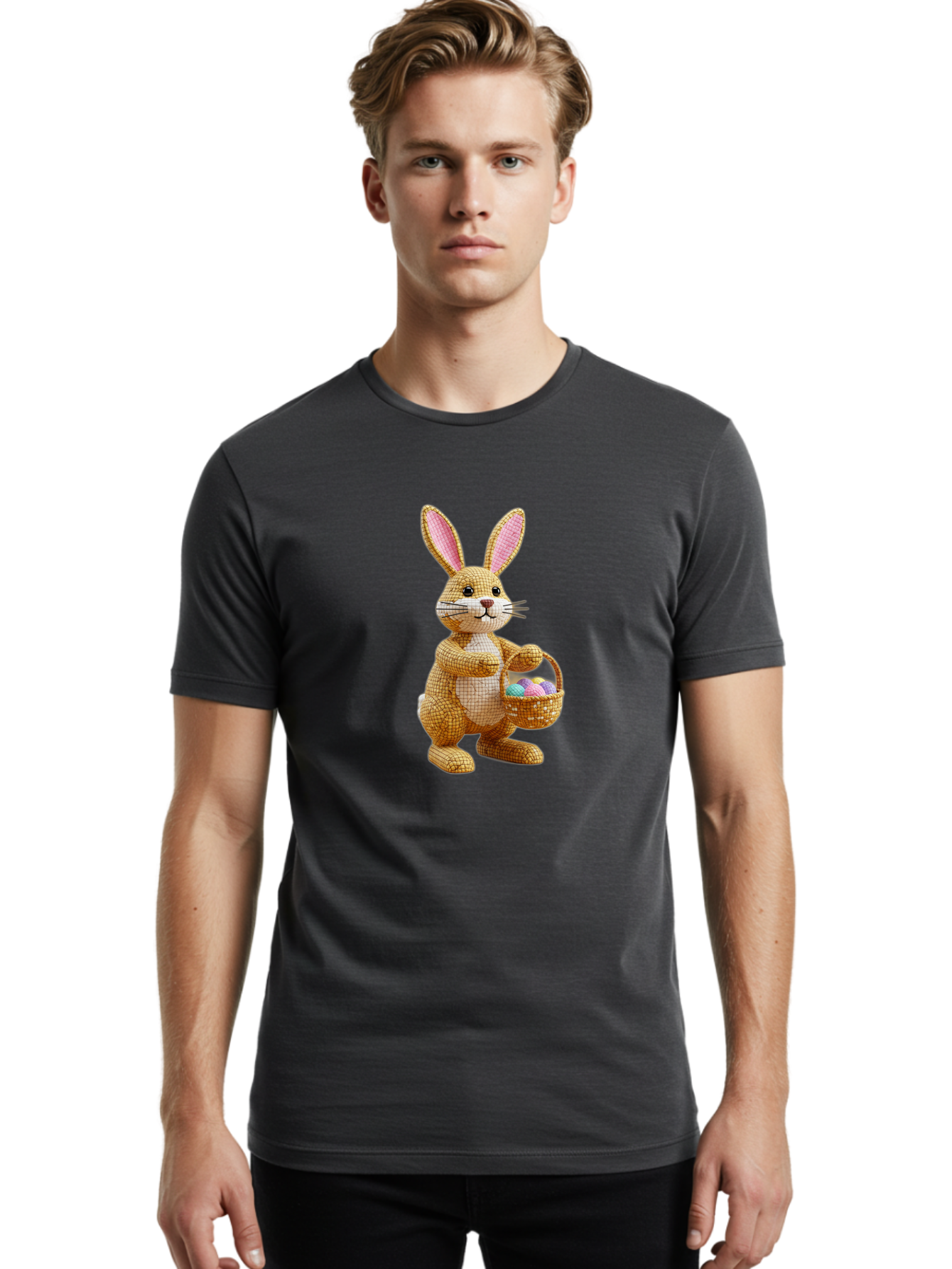 Wicker-Easter-Bunny Men'S Graphic Tee, 100% Cotton, Comfortable Casual Summer Wear, Machine Washable, Wicker Bunny, Holding Basket, Easter Eggs, Spring Holiday, Pastel Colors, Whimsical Design, Wicker Texture, Easter Basket, Cute Bunny, Bab586 22