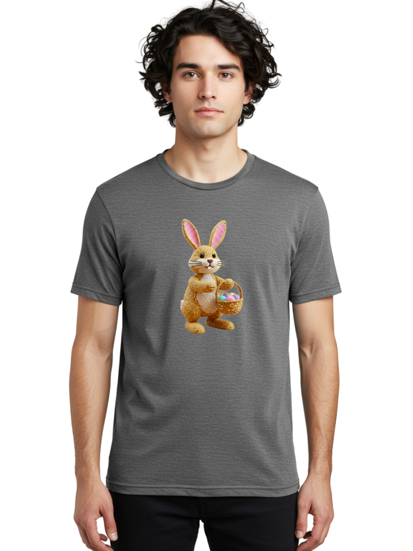 Wicker-Easter-Bunny Men'S Graphic Tee, 100% Cotton, Comfortable Casual Summer Wear, Machine Washable, Wicker Bunny, Holding Basket, Easter Eggs, Spring Holiday, Pastel Colors, Whimsical Design, Wicker Texture, Easter Basket, Cute Bunny, Bab586 23