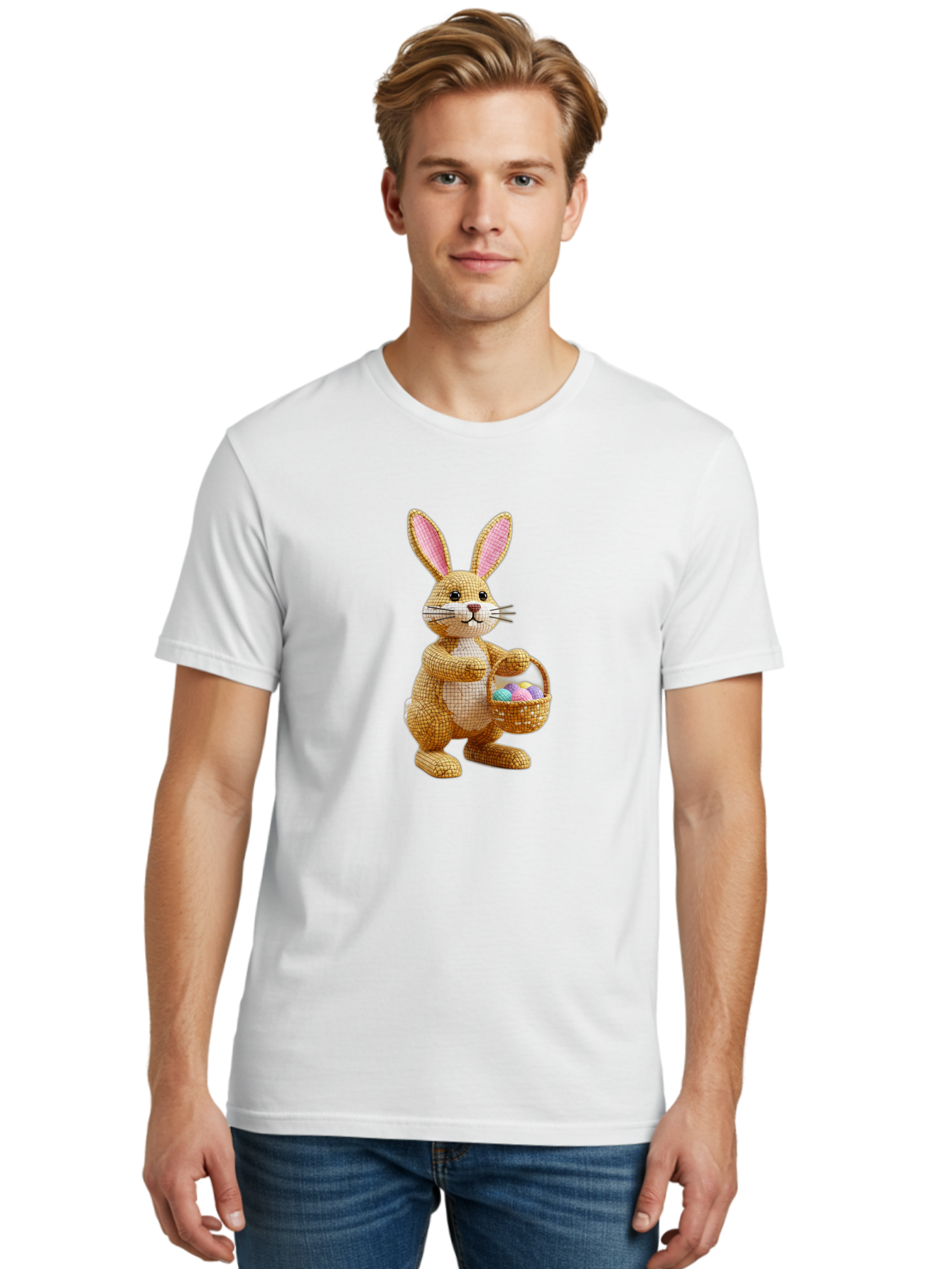 Wicker-Easter-Bunny Men'S Graphic Tee, 100% Cotton, Comfortable Casual Summer Wear, Machine Washable, Wicker Bunny, Holding Basket, Easter Eggs, Spring Holiday, Pastel Colors, Whimsical Design, Wicker Texture, Easter Basket, Cute Bunny, Bab586 18