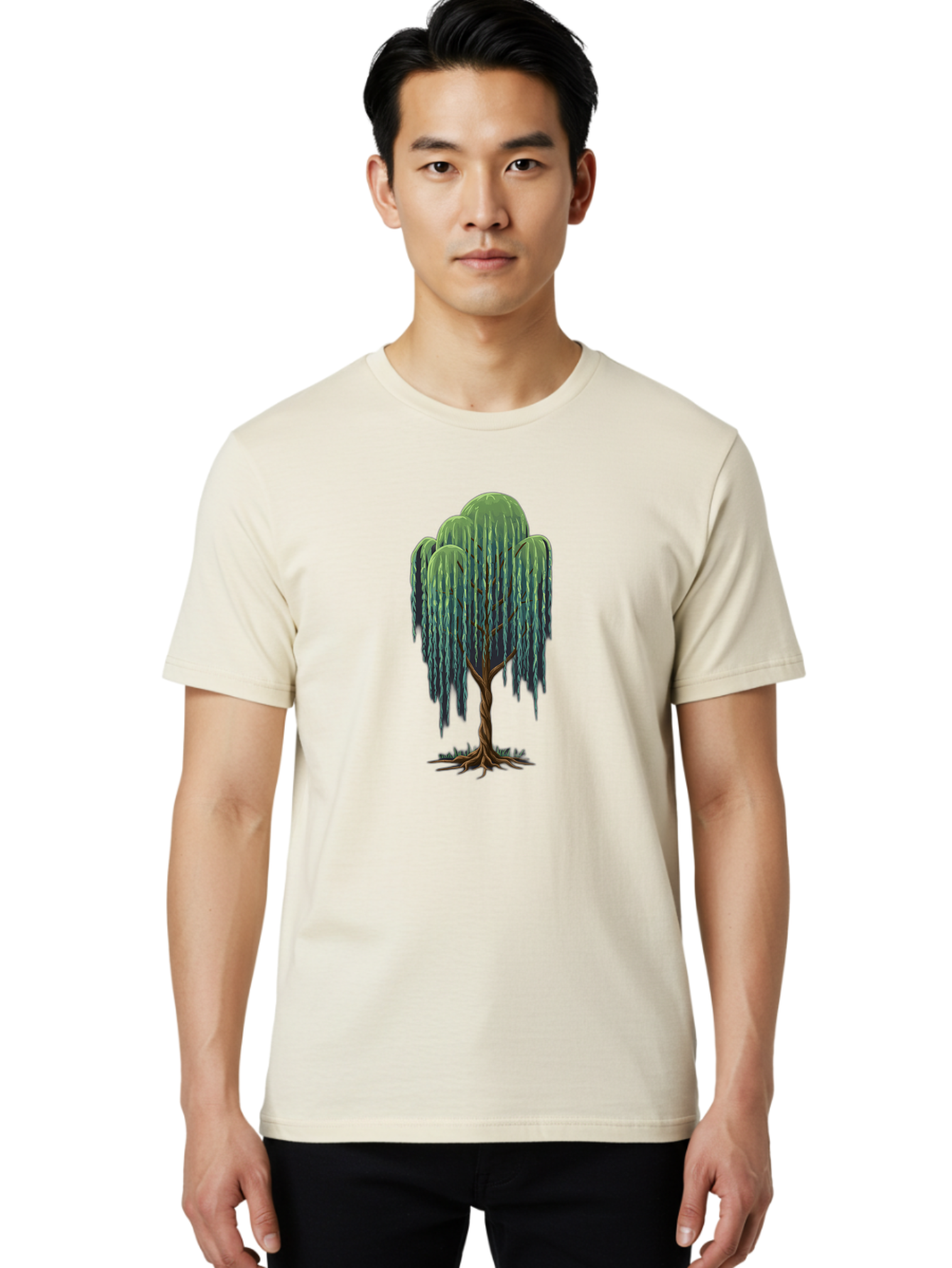 Willow-Tree Men'S Graphic Tee, 100% Cotton, Comfortable Casual Summer Wear, Machine Washable, Weeping Willow Tree, Twisted Trunk, Drooping Branches, Lush Foliage, Serene Landscape, Natural Scenery, Tree Roots Bab588 21