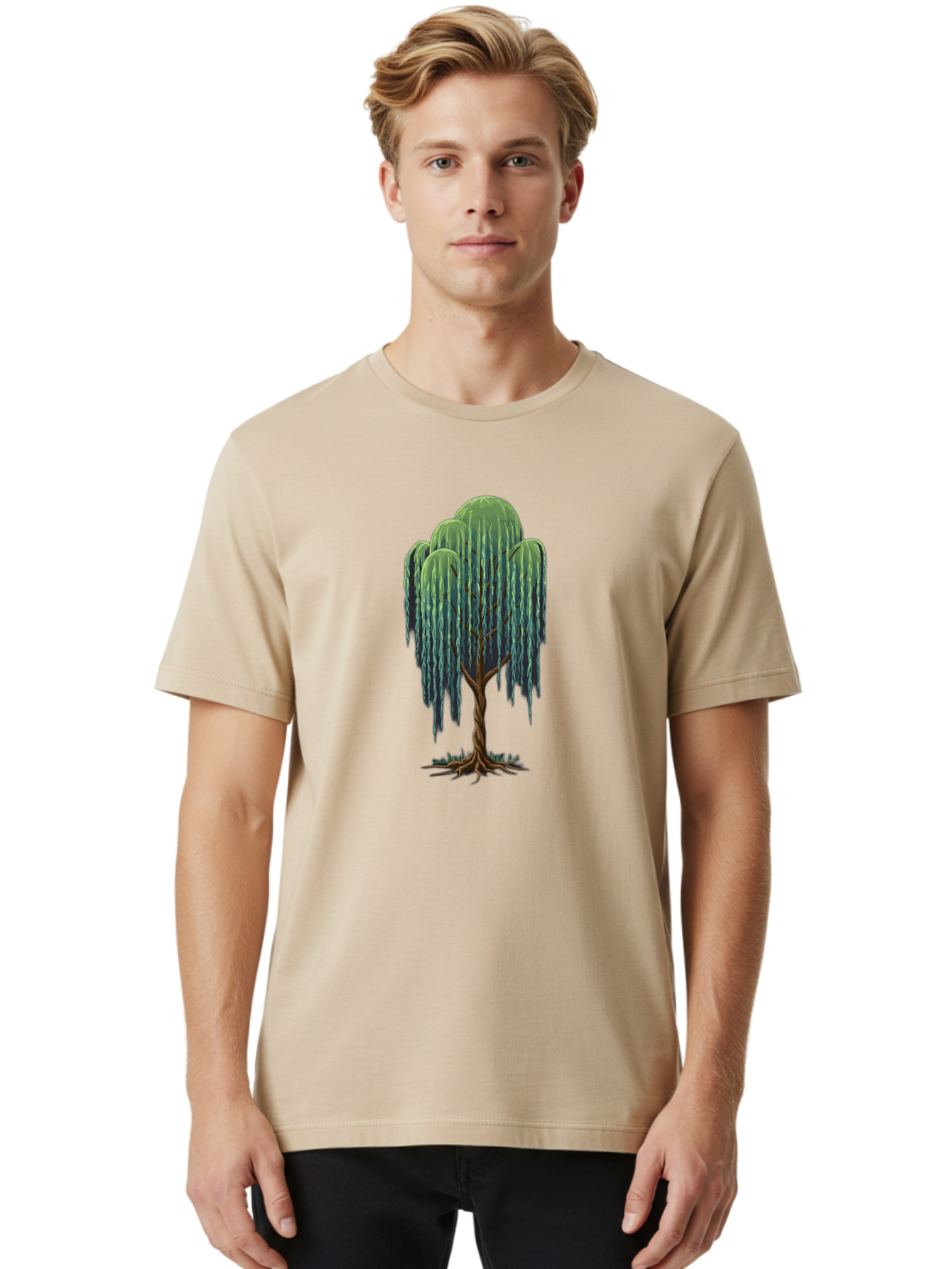 Willow-Tree Men'S Graphic Tee, 100% Cotton, Comfortable Casual Summer Wear, Machine Washable, Weeping Willow Tree, Twisted Trunk, Drooping Branches, Lush Foliage, Serene Landscape, Natural Scenery, Tree Roots Bab588 16