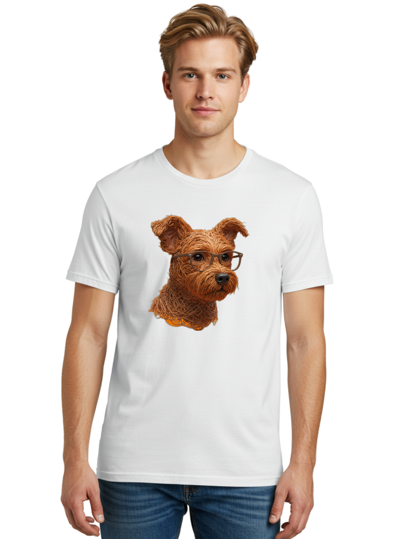 Wire-Dog-With-Glasses Men'S Graphic Tee, 100% Cotton, Comfortable Casual Summer Wear, Machine Washable, Dog Wearing Glasses, Wire Art Dog, Animal Portrait, Dog Portrait, Pet Illustration, Wire Sculpture, Creative Dog Art, Dog With Glasses, Bab589 24