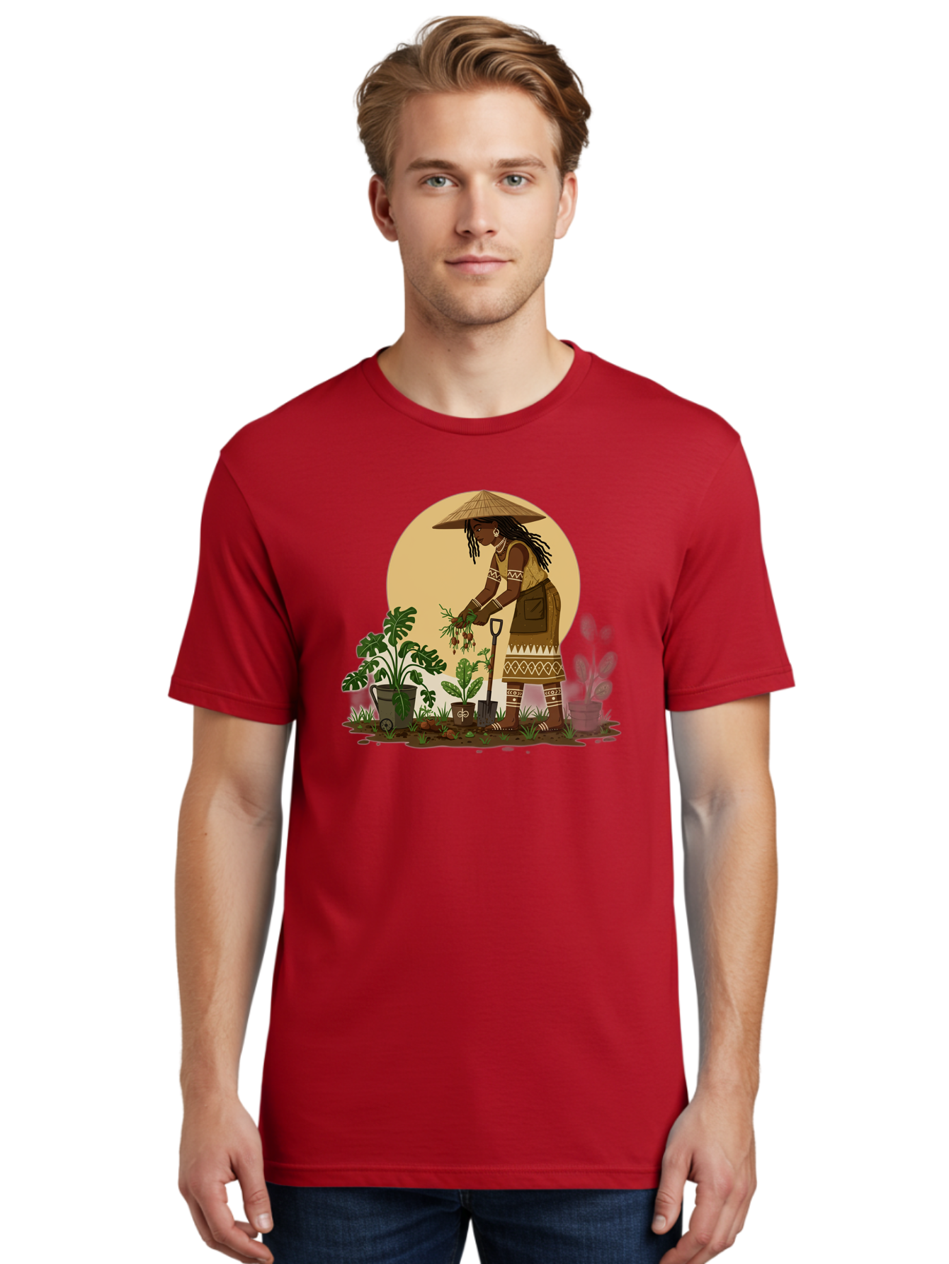 Woman-Gardening-1 Men'S Graphic Tee, 100% Cotton, Comfortable Casual Summer Wear, Machine Washable, Woman Gardening, Harvesting Plants, Traditional Clothing, Conical Hat, Farming Activities, Cultural Heritage, Rural Lifestyle, Green Plants, Bab590 20