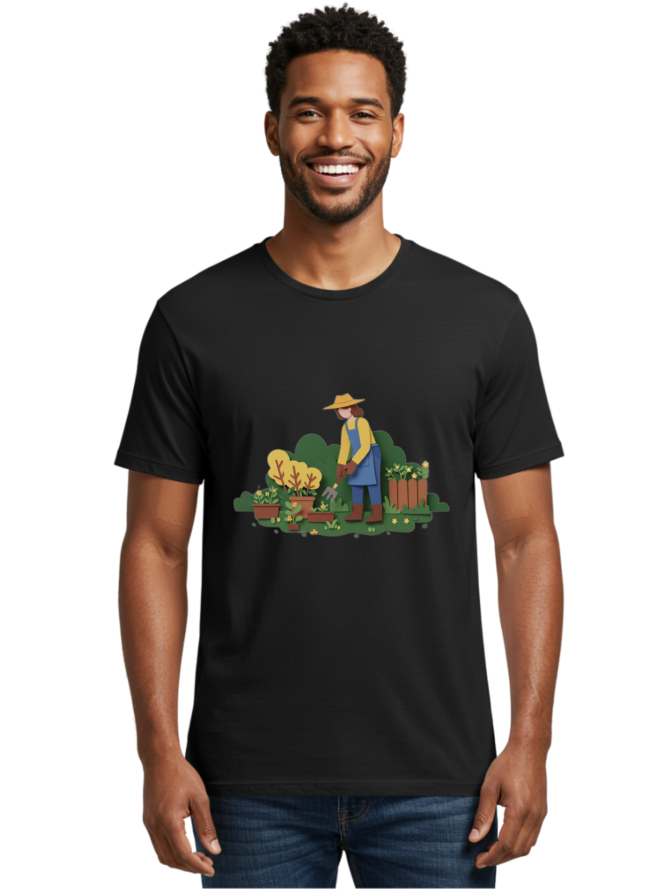 Woman-Gardening Men'S Graphic Tee, 100% Cotton, Comfortable Casual Summer Wear, Machine Washable, Gardener Tending Plants, Gardening Tools, Potted Plants, Gardening Activities, Yellow Flowers, Garden Scenery, Outdoor Work, Gardening Gloves Bab591 27
