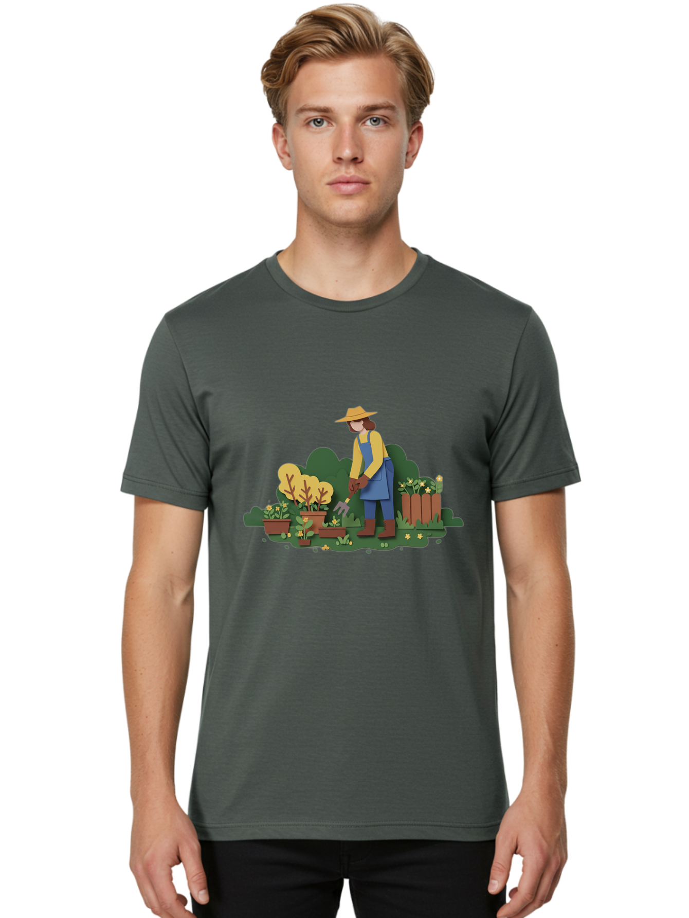 Woman-Gardening Men'S Graphic Tee, 100% Cotton, Comfortable Casual Summer Wear, Machine Washable, Gardener Tending Plants, Gardening Tools, Potted Plants, Gardening Activities, Yellow Flowers, Garden Scenery, Outdoor Work, Gardening Gloves Bab591 23