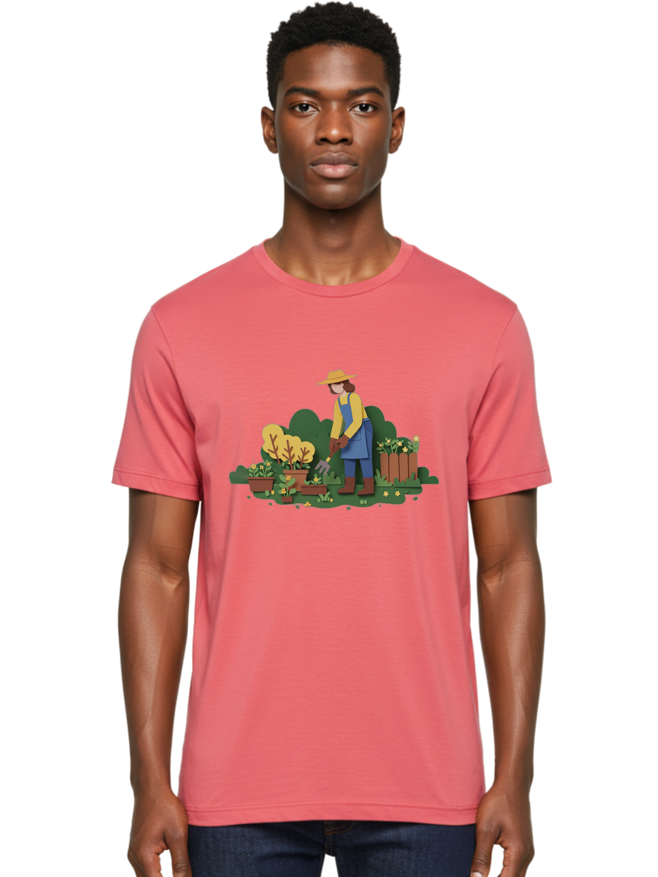 Woman-Gardening Men'S Graphic Tee, 100% Cotton, Comfortable Casual Summer Wear, Machine Washable, Gardener Tending Plants, Gardening Tools, Potted Plants, Gardening Activities, Yellow Flowers, Garden Scenery, Outdoor Work, Gardening Gloves Bab591 21