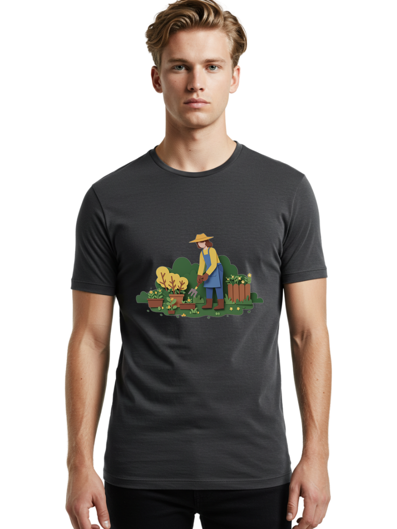 Woman-Gardening Men'S Graphic Tee, 100% Cotton, Comfortable Casual Summer Wear, Machine Washable, Gardener Tending Plants, Gardening Tools, Potted Plants, Gardening Activities, Yellow Flowers, Garden Scenery, Outdoor Work, Gardening Gloves Bab591 16
