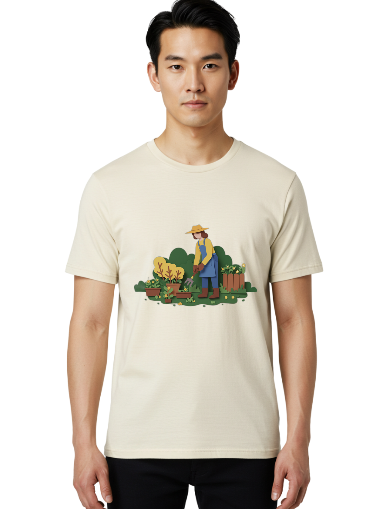 Woman-Gardening Men'S Graphic Tee, 100% Cotton, Comfortable Casual Summer Wear, Machine Washable, Gardener Tending Plants, Gardening Tools, Potted Plants, Gardening Activities, Yellow Flowers, Garden Scenery, Outdoor Work, Gardening Gloves Bab591 20