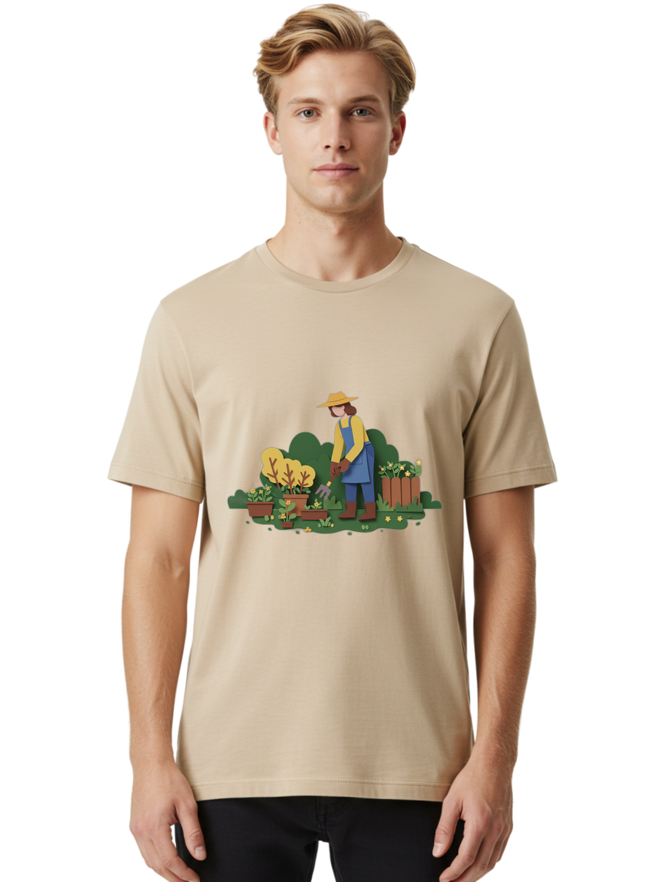 Woman-Gardening Men'S Graphic Tee, 100% Cotton, Comfortable Casual Summer Wear, Machine Washable, Gardener Tending Plants, Gardening Tools, Potted Plants, Gardening Activities, Yellow Flowers, Garden Scenery, Outdoor Work, Gardening Gloves Bab591 25