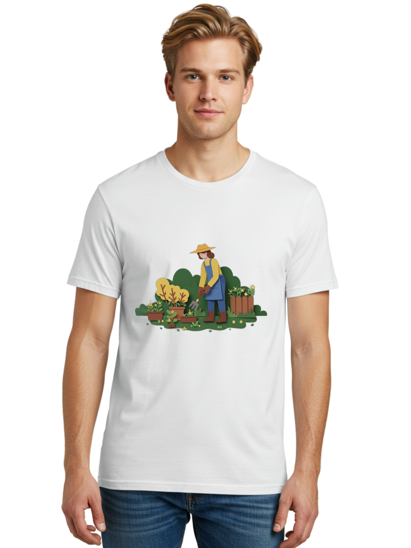 Woman-Gardening Men'S Graphic Tee, 100% Cotton, Comfortable Casual Summer Wear, Machine Washable, Gardener Tending Plants, Gardening Tools, Potted Plants, Gardening Activities, Yellow Flowers, Garden Scenery, Outdoor Work, Gardening Gloves Bab591 22