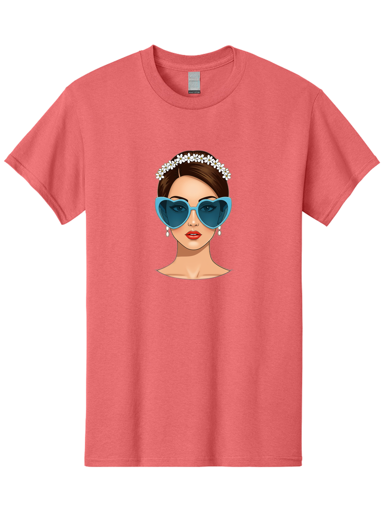 Woman-With-Heart-Shaped-Sunglasses Men'S Graphic Tee, 100% Cotton, Comfortable Casual Summer Wear, Machine Washable, Cartoon Woman, Heart-Shaped Sunglasses, Red Lips, White Floral Headband, Dangling Earrings, Pop Art Style, Bab594 12