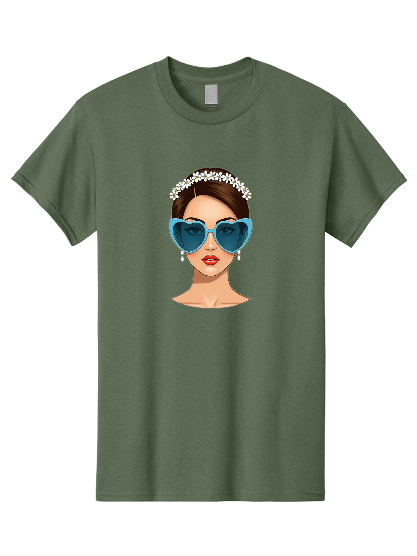 Woman-With-Heart-Shaped-Sunglasses Men'S Graphic Tee, 100% Cotton, Comfortable Casual Summer Wear, Machine Washable, Cartoon Woman, Heart-Shaped Sunglasses, Red Lips, White Floral Headband, Dangling Earrings, Pop Art Style, Bab594 7
