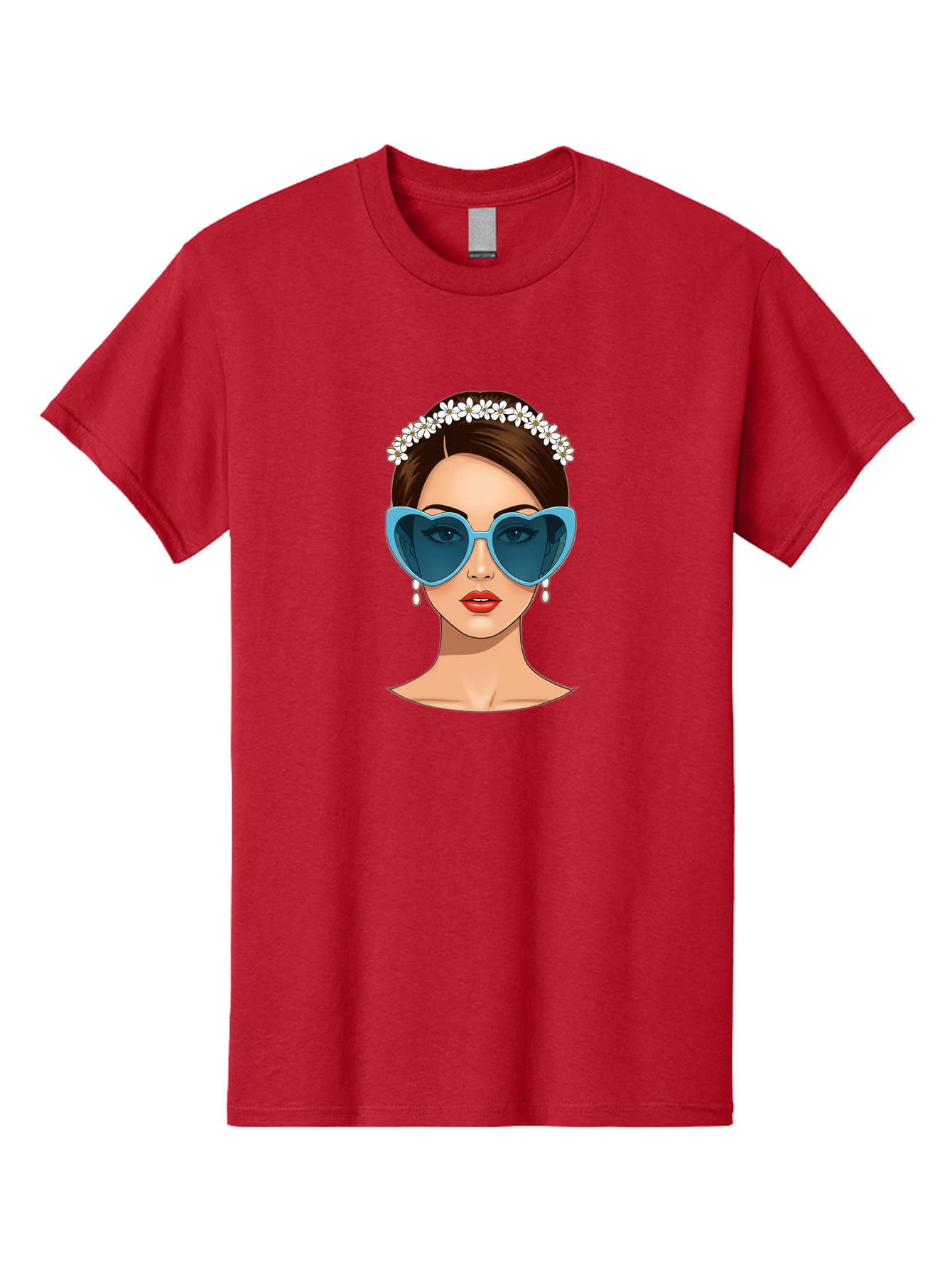 Woman-With-Heart-Shaped-Sunglasses Men'S Graphic Tee, 100% Cotton, Comfortable Casual Summer Wear, Machine Washable, Cartoon Woman, Heart-Shaped Sunglasses, Red Lips, White Floral Headband, Dangling Earrings, Pop Art Style, Bab594 14