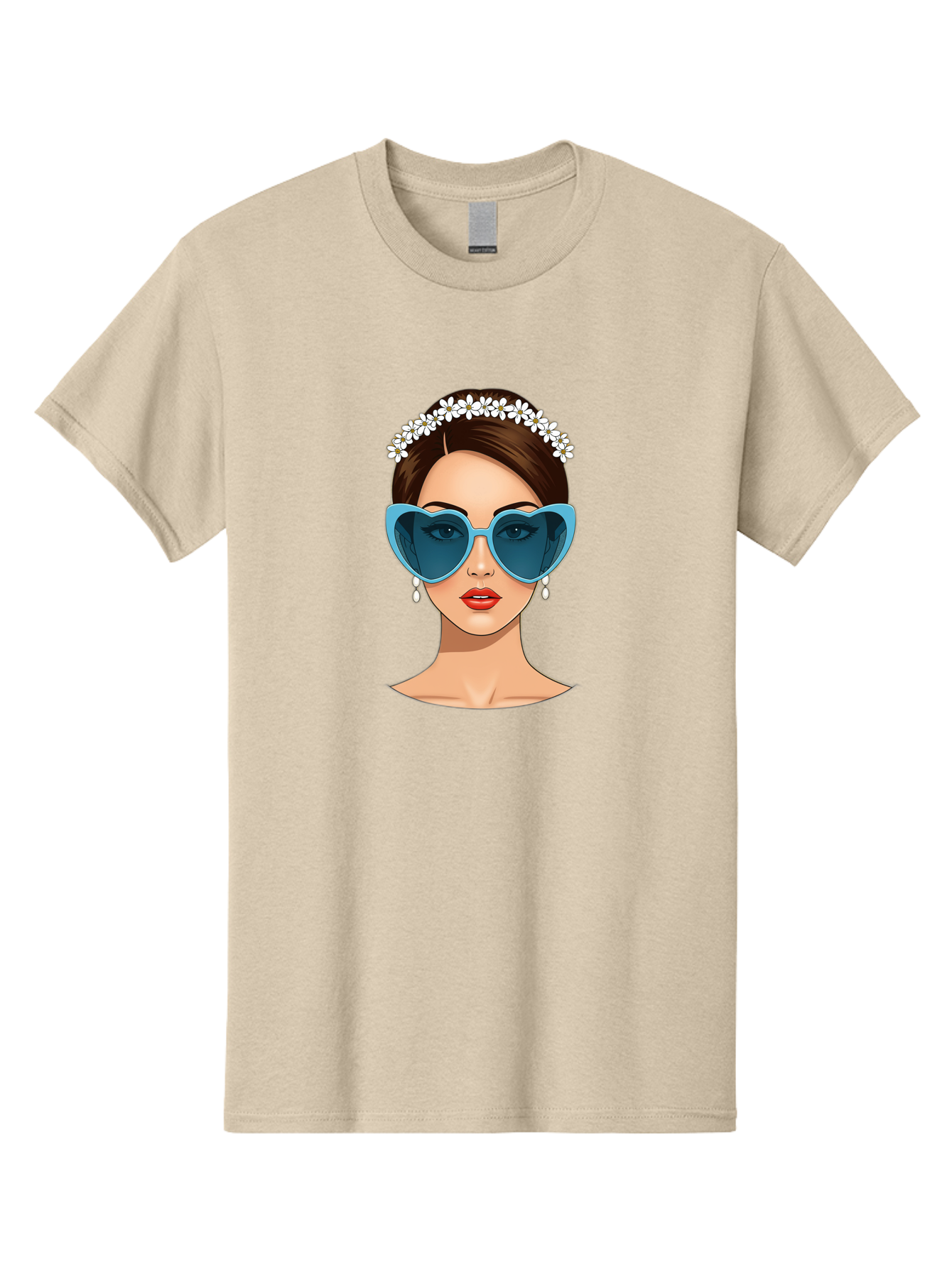 Woman-With-Heart-Shaped-Sunglasses Men'S Graphic Tee, 100% Cotton, Comfortable Casual Summer Wear, Machine Washable, Cartoon Woman, Heart-Shaped Sunglasses, Red Lips, White Floral Headband, Dangling Earrings, Pop Art Style, Bab594 10