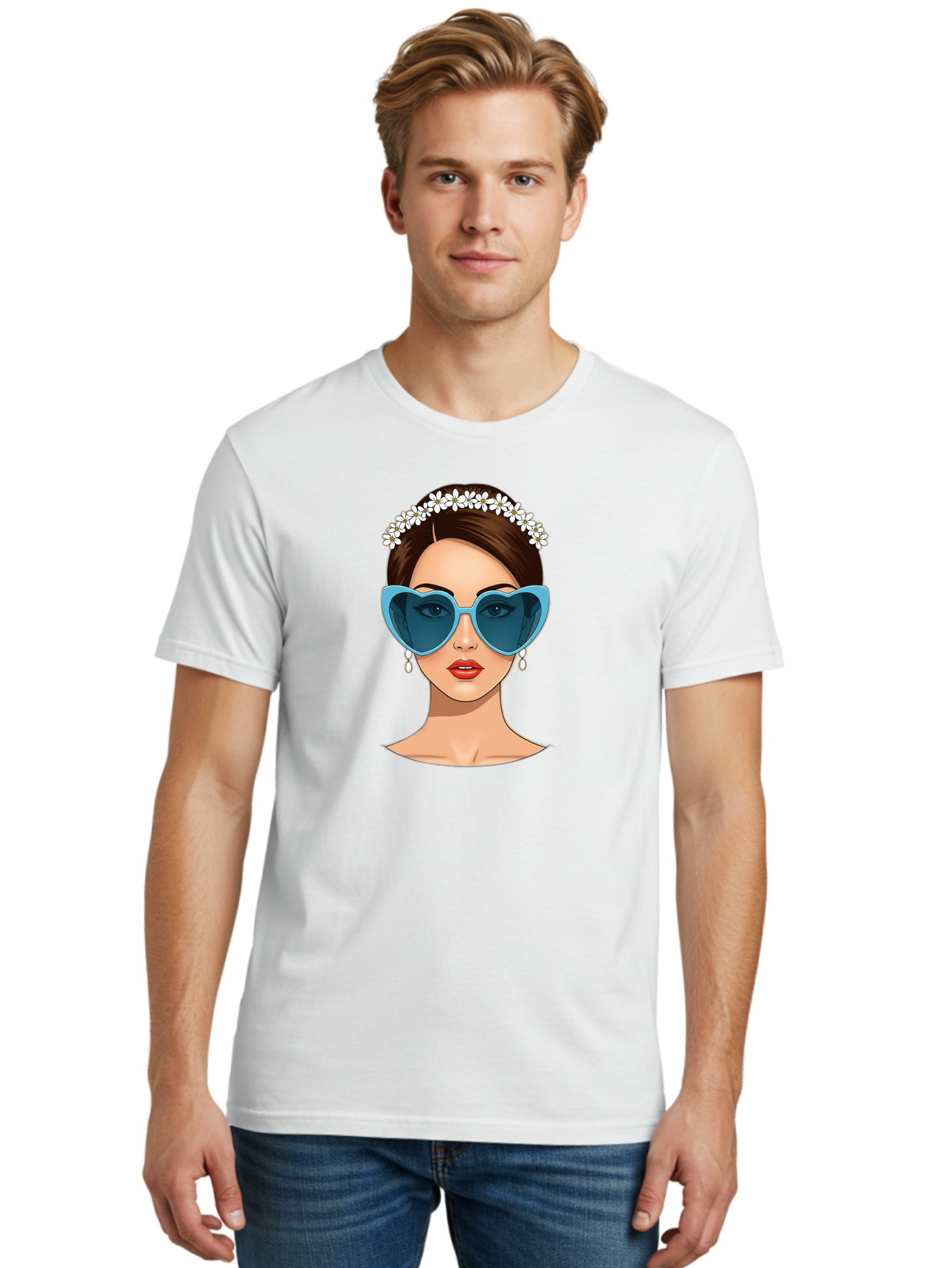 Woman-With-Heart-Shaped-Sunglasses Men'S Graphic Tee, 100% Cotton, Comfortable Casual Summer Wear, Machine Washable, Cartoon Woman, Heart-Shaped Sunglasses, Red Lips, White Floral Headband, Dangling Earrings, Pop Art Style, Bab594 30