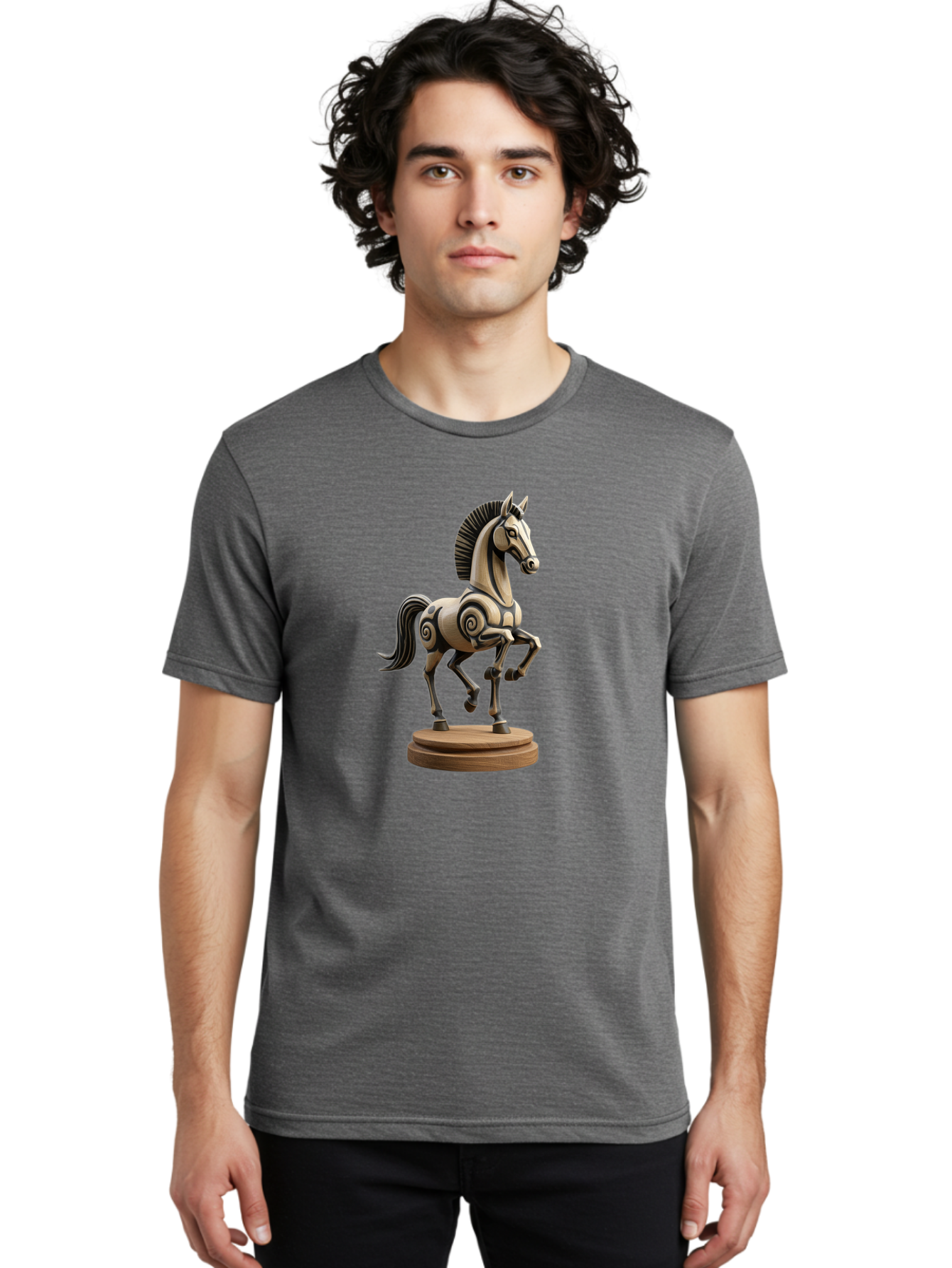 Wooden-Horse-Statue Men'S Graphic Tee, 100% Cotton, Comfortable Casual Summer Wear, Machine Washable, Mechanical Horse, Wooden Horse, Figurine, Horse Sculpture, Decorative Art, Spiral Patterns, Wooden Craftsmanship, Horse Figurine, Bab595 24